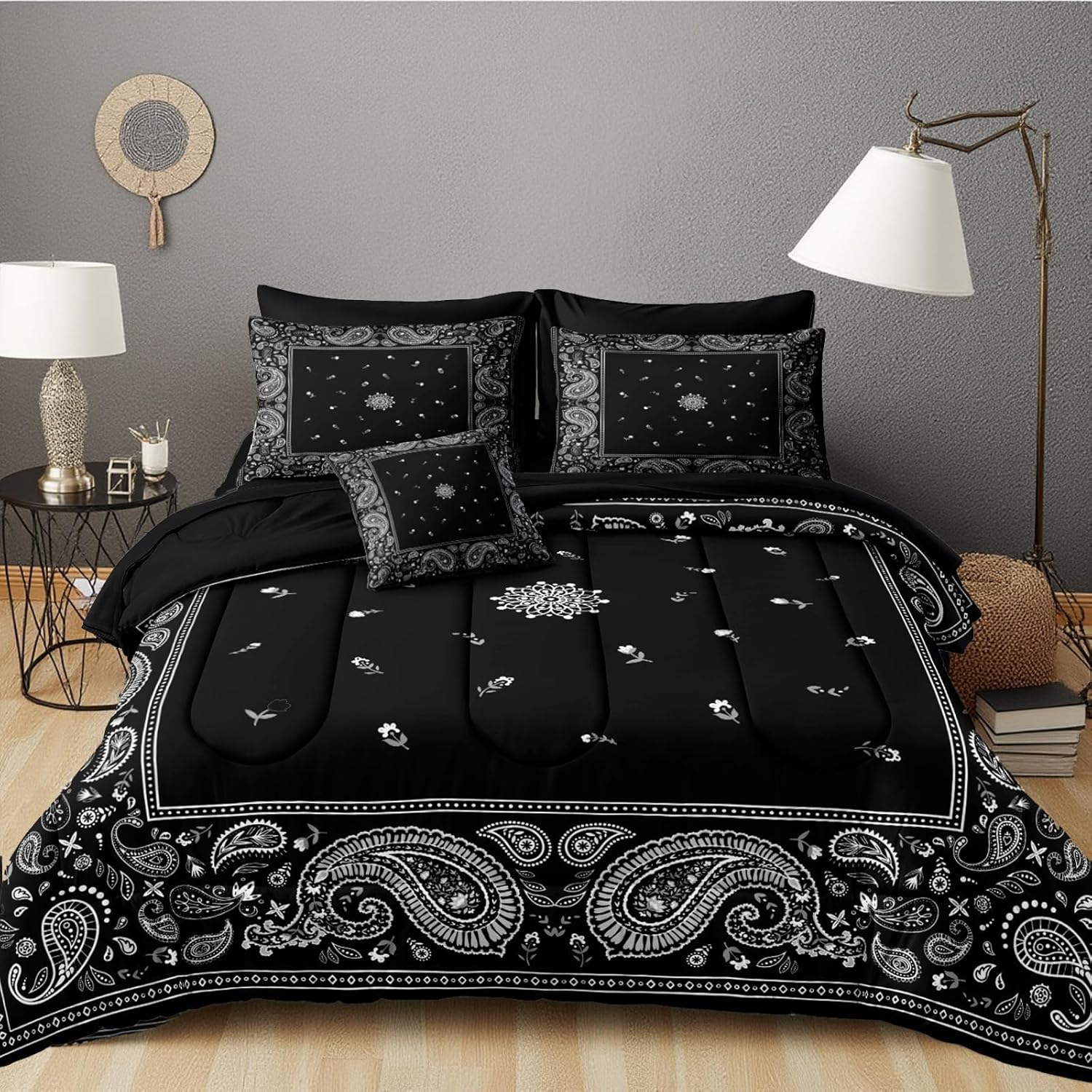 MOVE OVER Paisley Comforter Set King Size 8 Pieces Bed in a Bag Black Comforter King Bohemian Style Black and White Bedding Set Vintage Boho Chic Paisley Flower Comforter Set for Bedroom