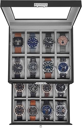 SONGMICS Caja de reloj de 16 ranuras, caja de reloj con tapa de vidrio, 2 capas, vitrina de reloj con cerradura, cuero sintético negro, forro gris