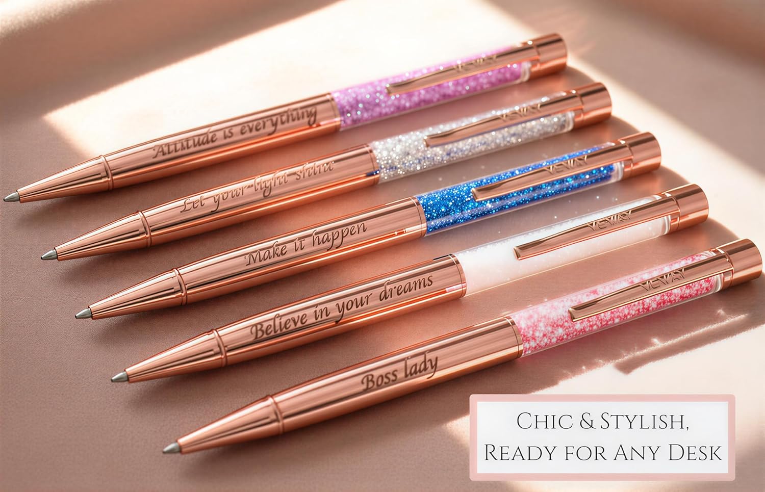 Veway - Luxury Pens for Women, 5 Glitter Rose Gold Writing Pens, Exclusive Pen Sets for Women Gift, Refillable Ballpoint Gift Set for Teachers, Executives & Special Occasions - Image 2