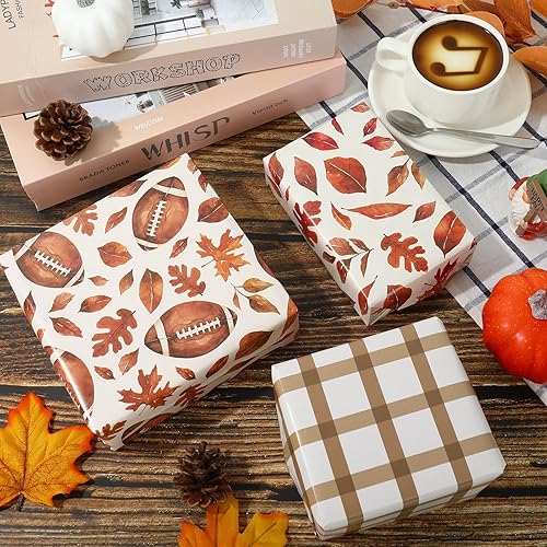 Miniatura 5 de AnyDesign - 12 hojas de papel de regalo de otoño, papel de regalo de súper cuenco de fútbol, papel de regalo plegado a granel, hojas planas de