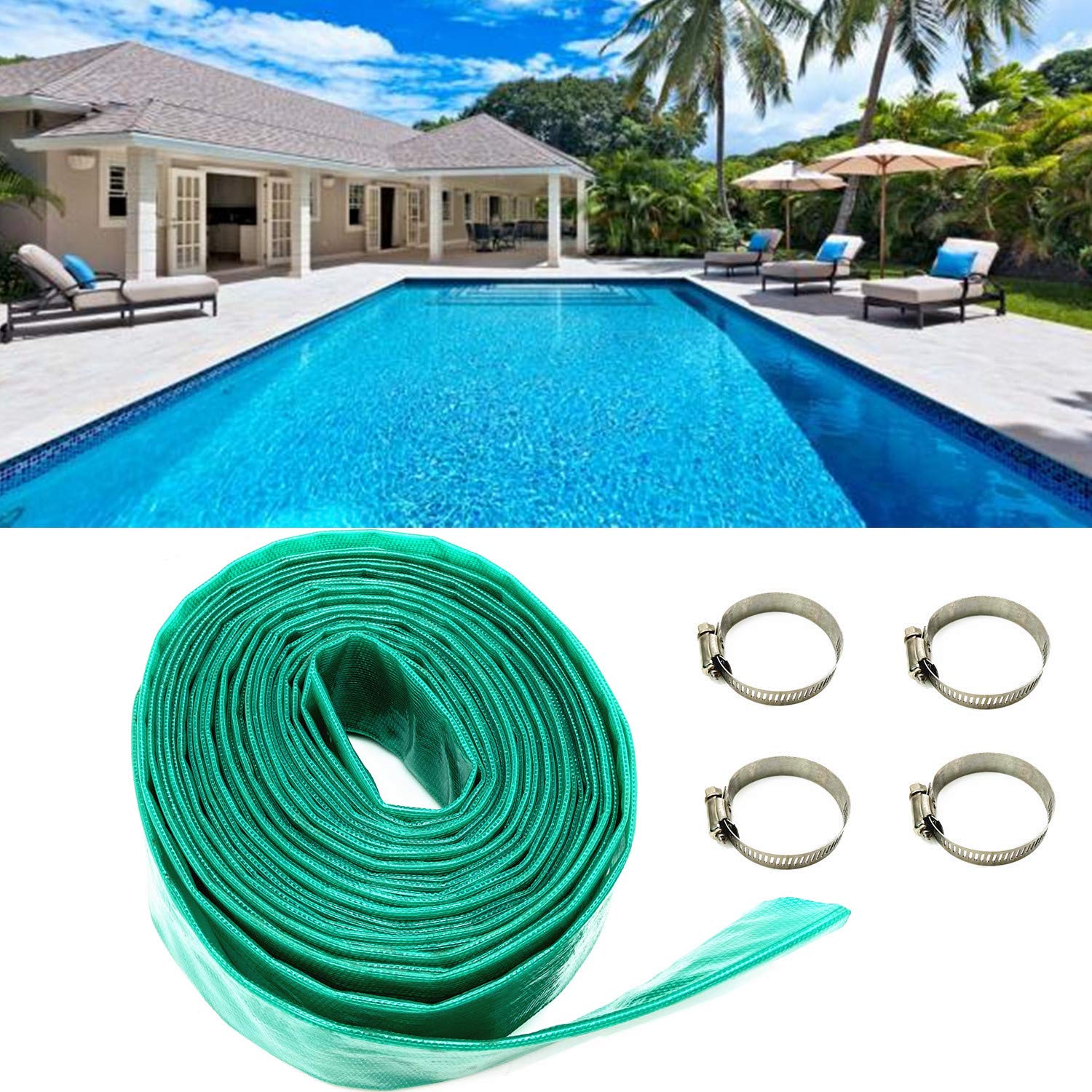 Bashik Backwash Hose for Swimming Pool with 4 pcs Hose Clamp heavy duty durable Aging resistance(with camlock fitting, 1.5" X 50 feet)
