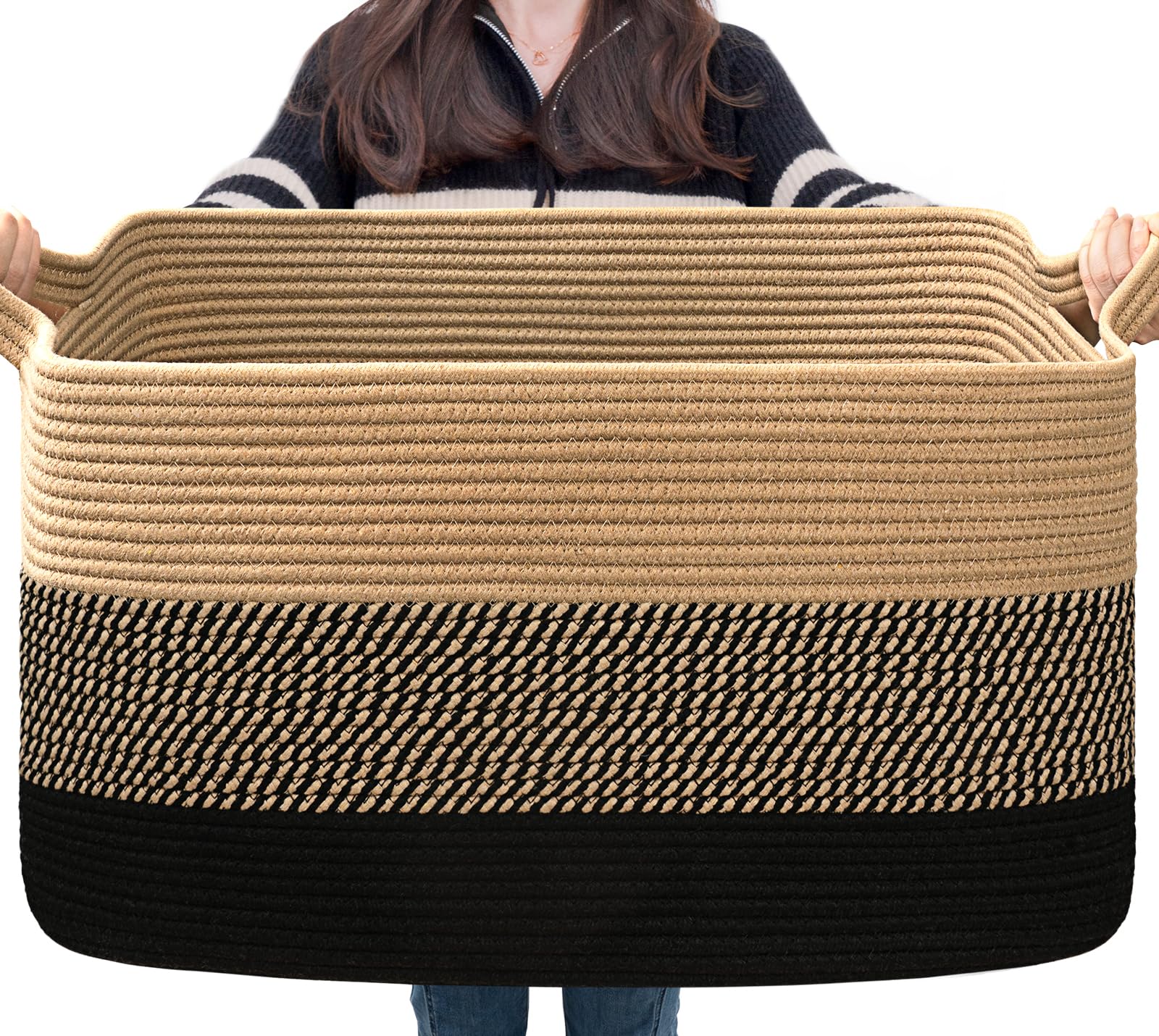 Goodpick Woven Blanket Basket, 21.6" x 14.9" x 11.8" Wicker Laundry Basket for Clothes, Storage Baskets for Organizing, Rectangle Rope Large Baskets