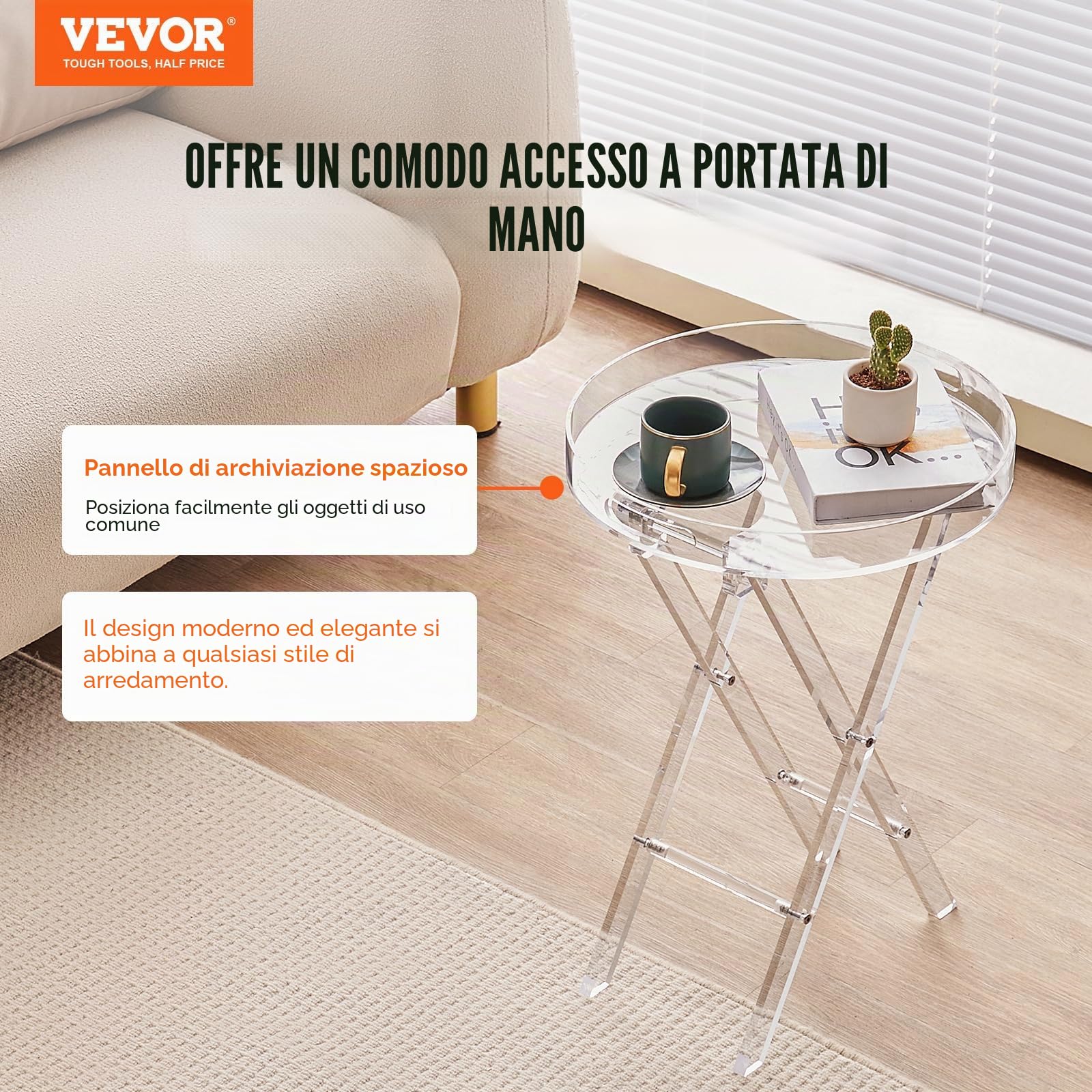 VEVOR Tavolino Caffè in Acrilico Trasparente Tavolino Basso Rotondo da Soggiorno 400x400x580 mm, Tavolo da Ingresso Portata max. 10 kg, Tavolino Pieghevole per Soggiorno Camera da Letto Balcone Caffè