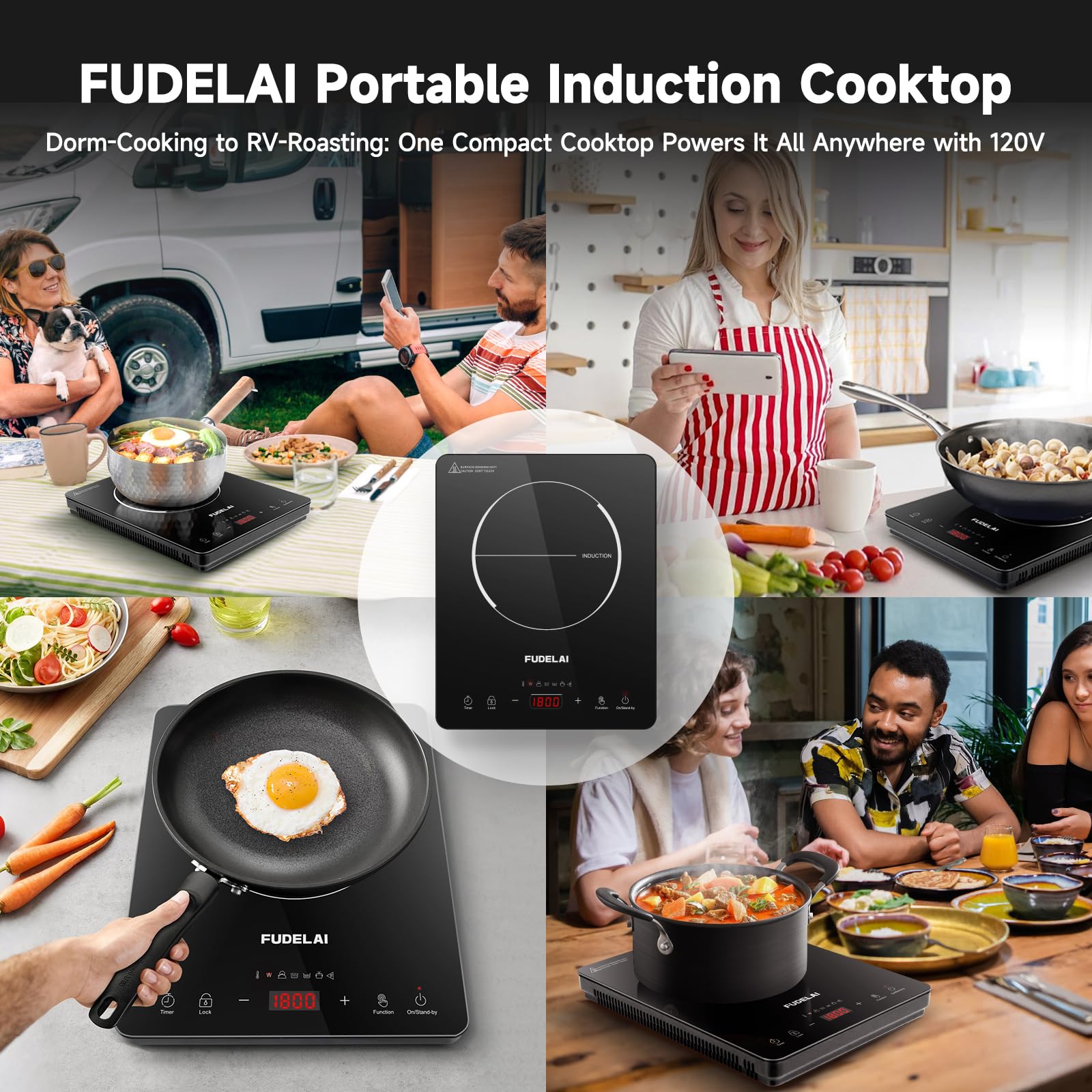 FUDELAI Portable Induction Cooktop 1800W Countertop Burner with 20 Temp/Power Settings, Child Lock & Turbo Cooling - 6.9