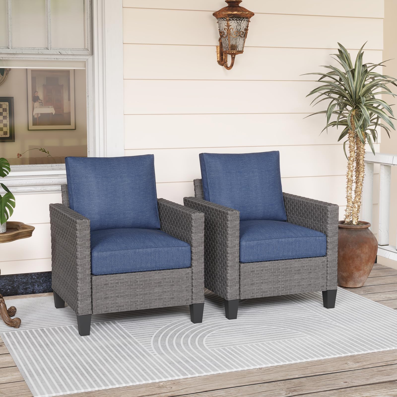 SUNSITT Set of 2 Outdoor Wicker Patio Chairs with Denim Blue Cushions
