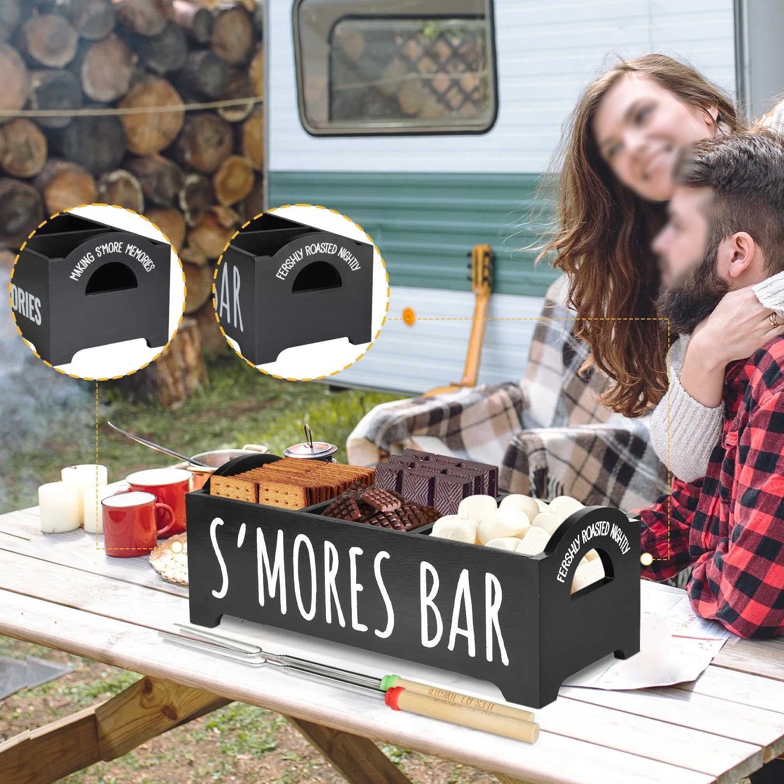 Cajas decorativas para Smores Caddy, estación de madera S'Mores con asas, kit de Smores negros para caja para hacer smores de hoguera
