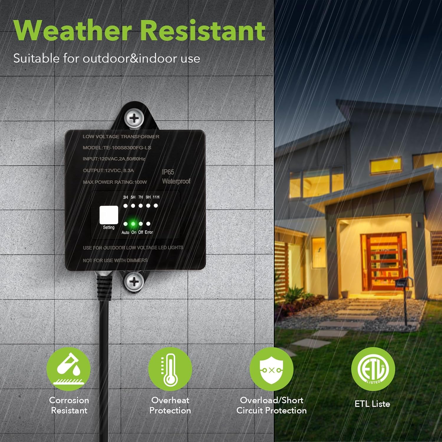 100W Low Voltage Landscape Transformer,Waterproof Low Voltage Transformer with Timer and Photocell Sensor,120V AC to 12V DC Landscape Lighting Transformer for Outdoor LED Spotlight Path Light