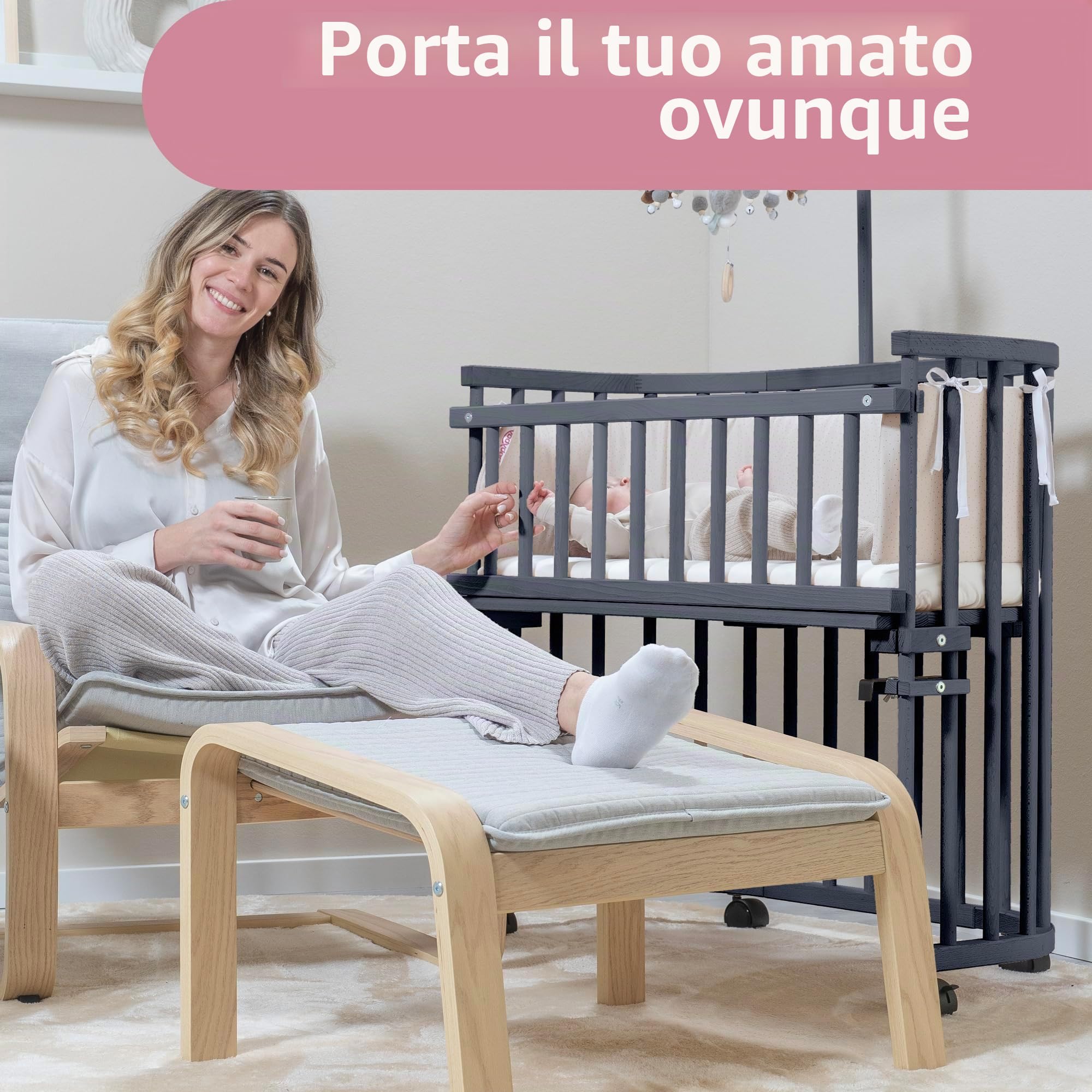 babybay Boxspring Lettino in legno massello di faggio, compatto e trasformabile, altezza regolabile senza livelli preimpostati, lettino per bambini (verniciato grigio ardesia), con materasso, griglia