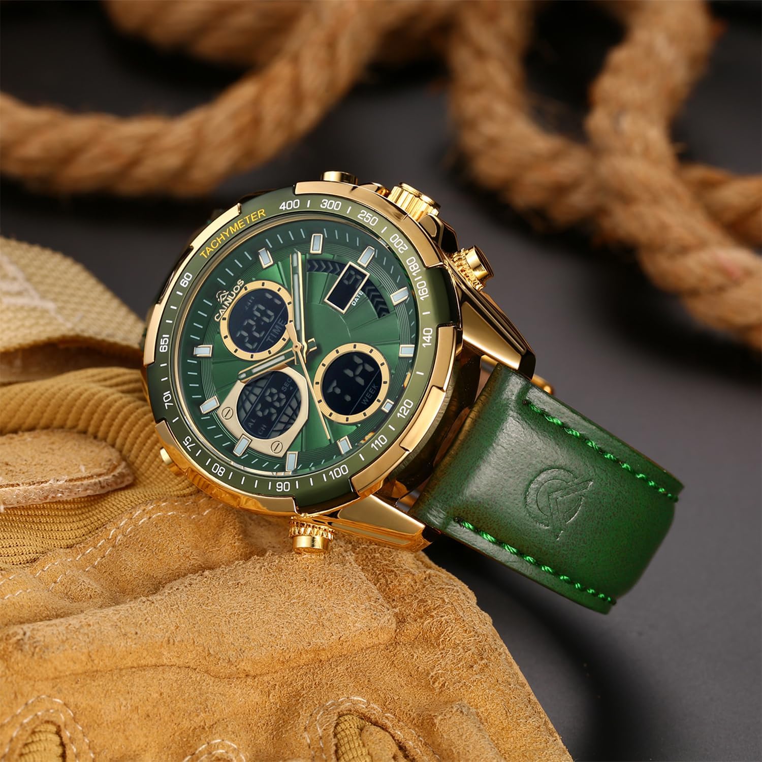 Men's Military Digital-Analog Watch, Leather Band, Sport Chronograph Wristwatch, Black - Image 3