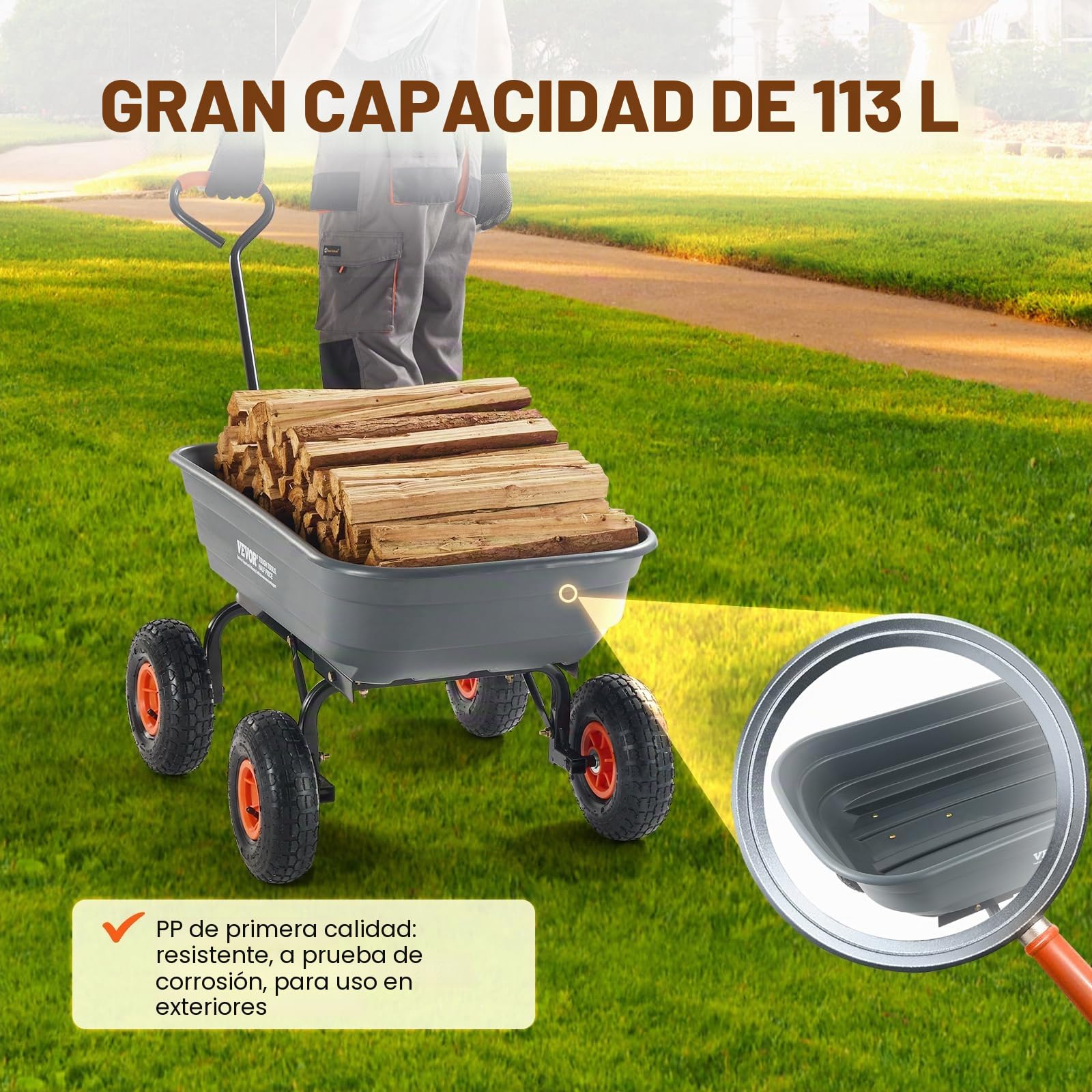 VEVOR Carro Volquete de Polietileno para Jardín con Marco de Acero Fácil de Montar, 2 en 1 Carro Volquete con Mango Convertible con Neumáticos de 255 mm, 270 kg de Capacidad para Jardín, Patio