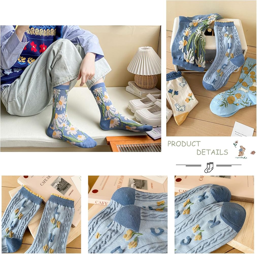 5 Paia Di Calzini Alla Caviglia Kawaii Con Ricamo Floreale - Calze In Cotone Pettinato Per Ragazze E Donne (Taglia Unica US 5-9) - 4