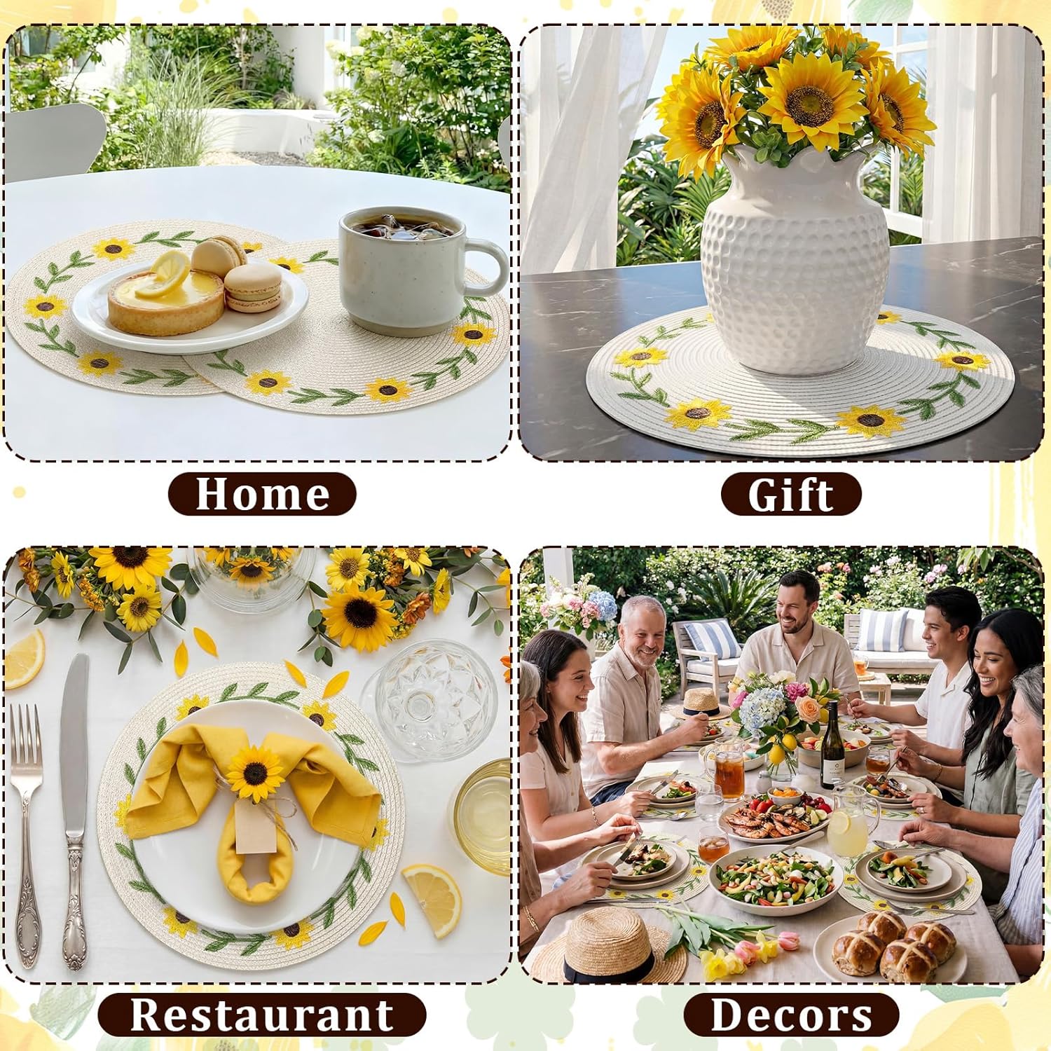 Remerry Embroidered Sunflower Placemats Set of 6 Spring Round Braided Placemats 13 Inch Non Slip Heat Resistant Washable Table Mats for Spring Summer Tables Home Kitchen Dining Party Table Decoration