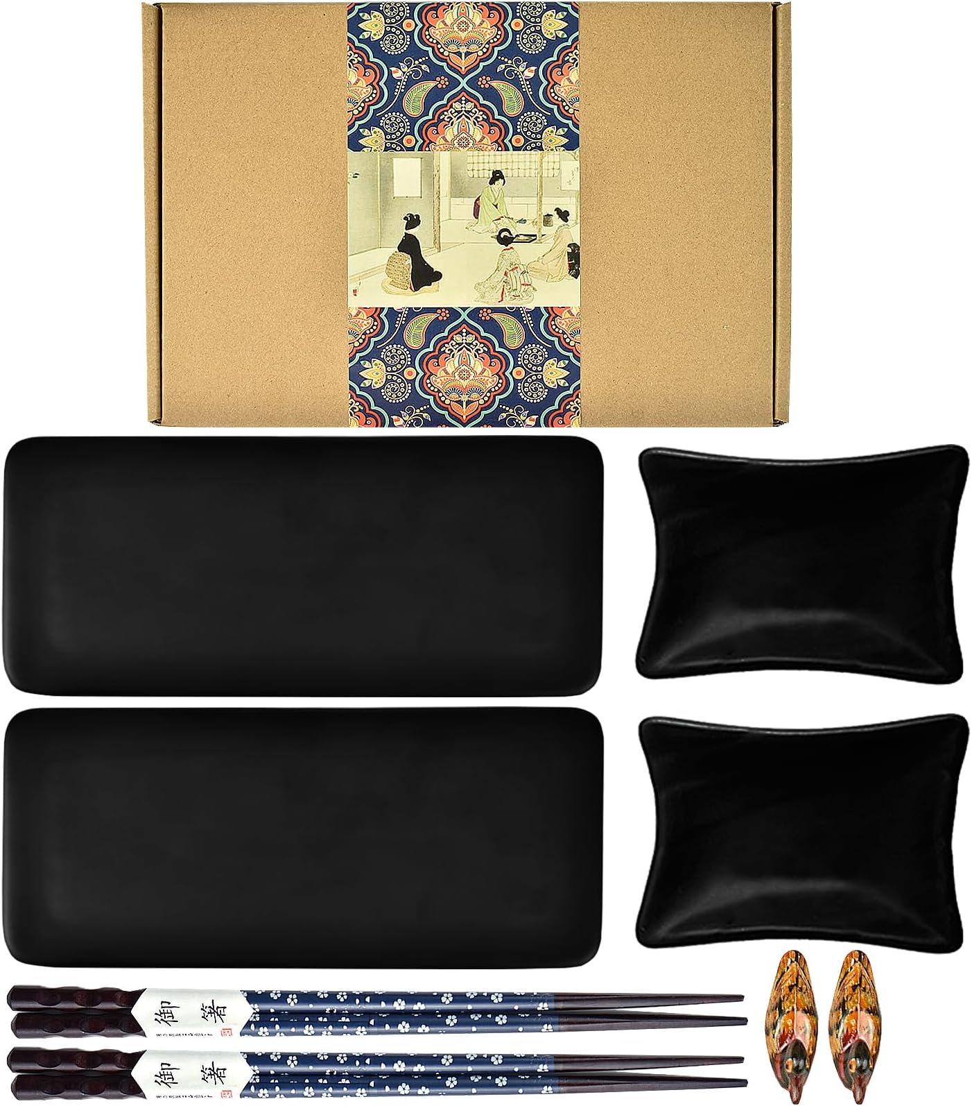 8 Piece Japanese Style Ceramic Sushi Plate Dinnerware Set with 2 Sushi Plates, 2 Sauce Dishes, 2 Pairs of Chopsticks, 2 Chopsticks Holders