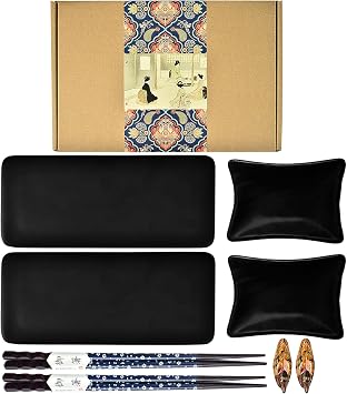 Artcome 8 Piece Japanese Style Ceramic Sushi Plate Dinnerware Set with 2 Sushi Plates, 2 Sauce Dishes, 2 Pairs of Chopsticks, 2 Chopsticks Holders