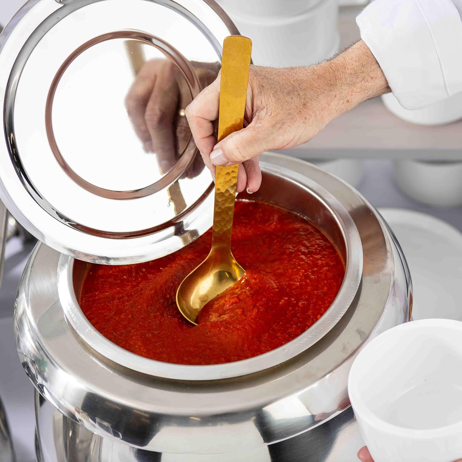 TableCraft Solaire Collection Hammered Stainless Steel Ladle, Gold PVD Finish, 4 Oz. Capacity, 3.75" x 3.75" x 12", Perfect for Soup, Sauce & Gravy