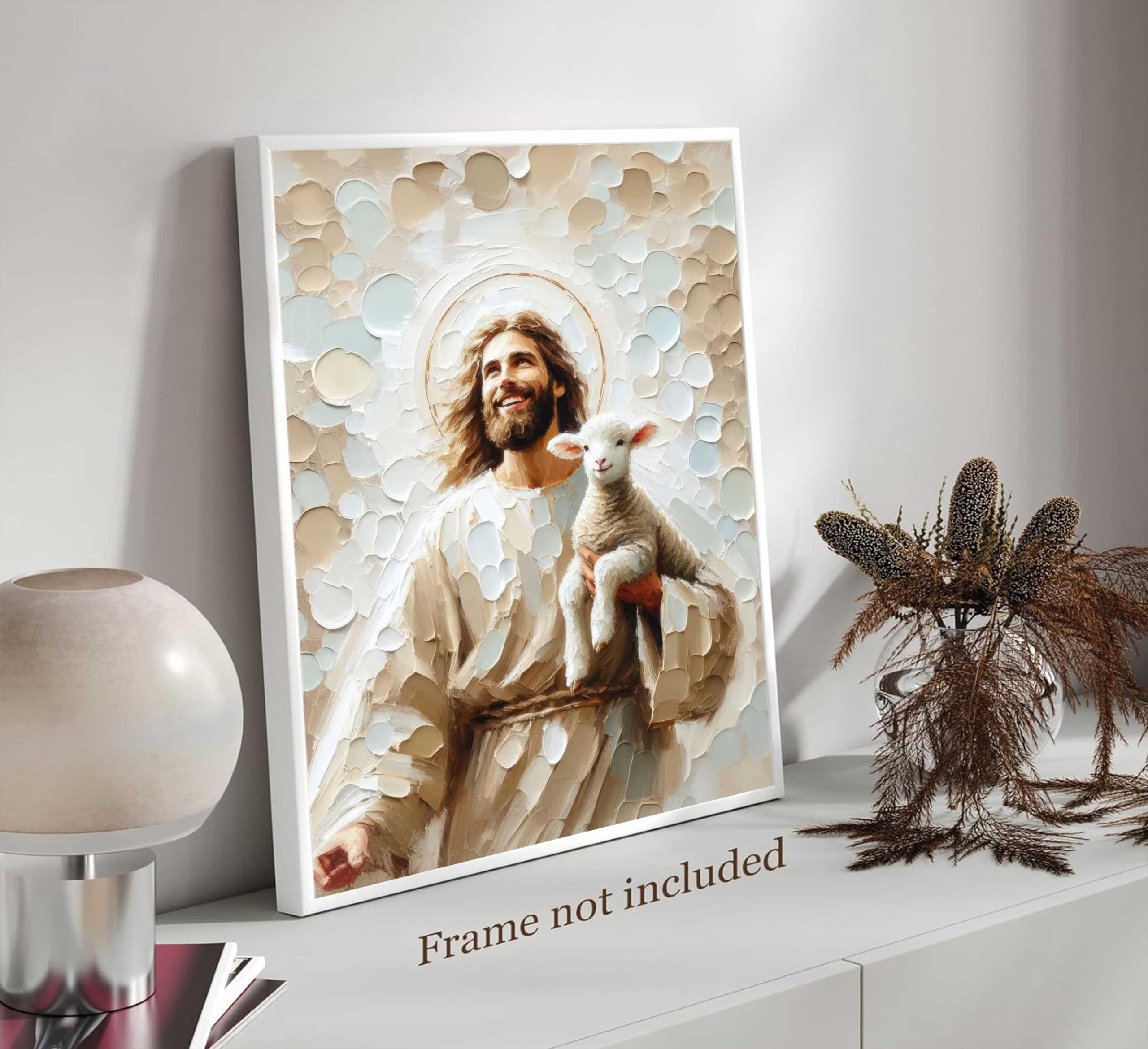 Décoration Murale Chrétienne Jésus Le Bon Berger Jésus Tenant L'agneau -  Dieu Sourires Et Agneau Blanc -, image size:2560x2340