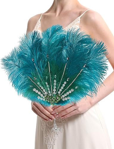 Miniatura 2 de CRASHOT Ramo de plumas nupciales vintage -1920sWomen Abanico de plumas de cristal clásico para boda