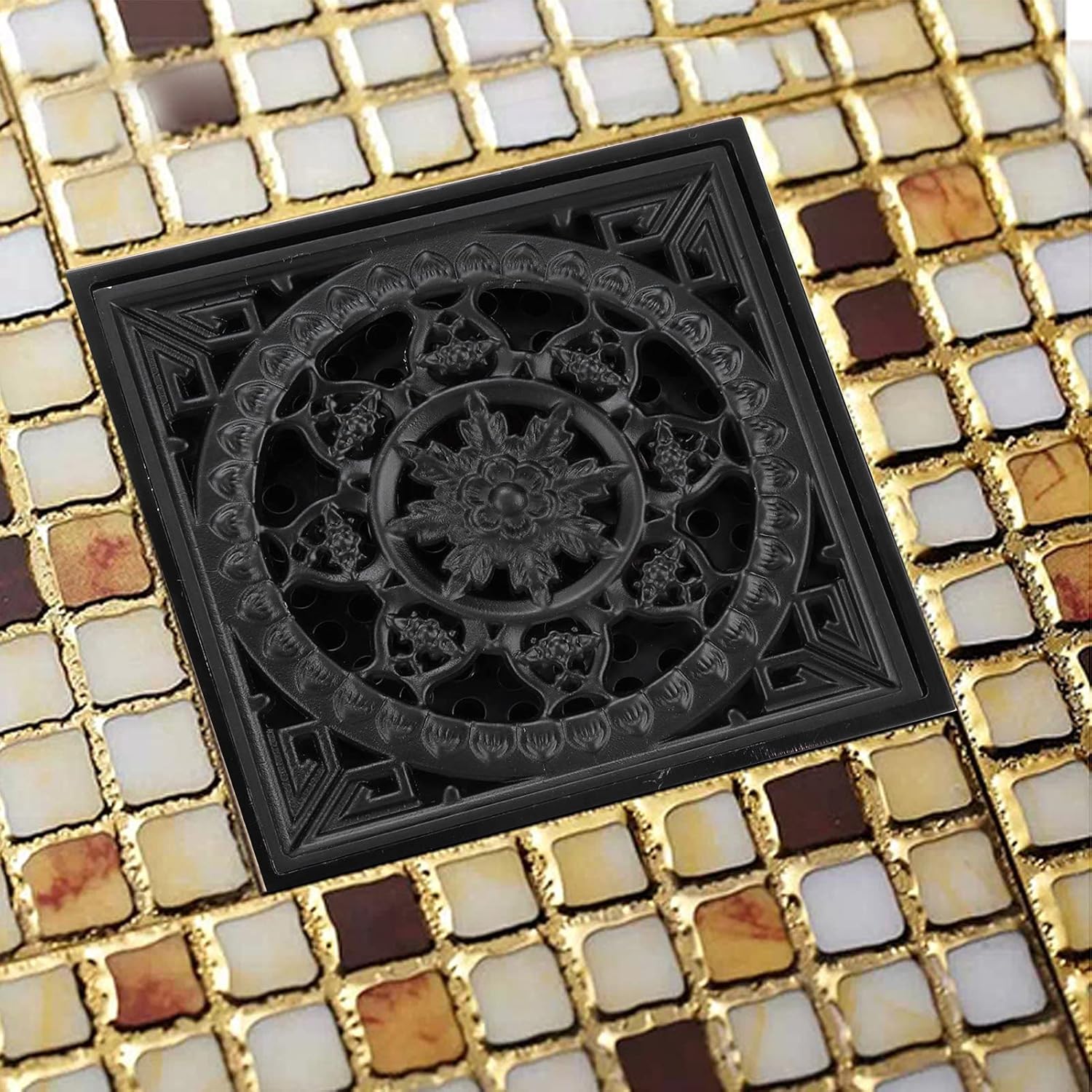Scarico quadrato per pavimento della doccia, 10 x 10 cm, vintage, invisibile, in rame, scarico a pavimento, in ottone, scarico antico con filtro e copertura rimovibile (2 pezzi)