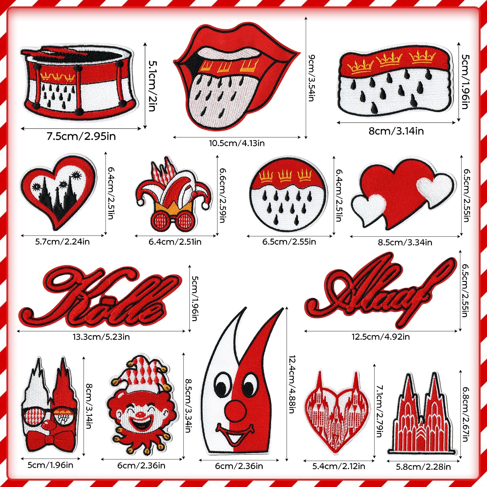 12 stuks Köln strijkplaatjes, carnaval, rood, clownpatches, om op te