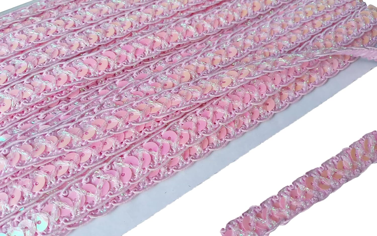 14 Yards 0.47 inch Sparkle Bling Gleaming Ribbon Sequins Trim Spool Sewing String Applique Bridal Wedding Applique Crafts (Pink)