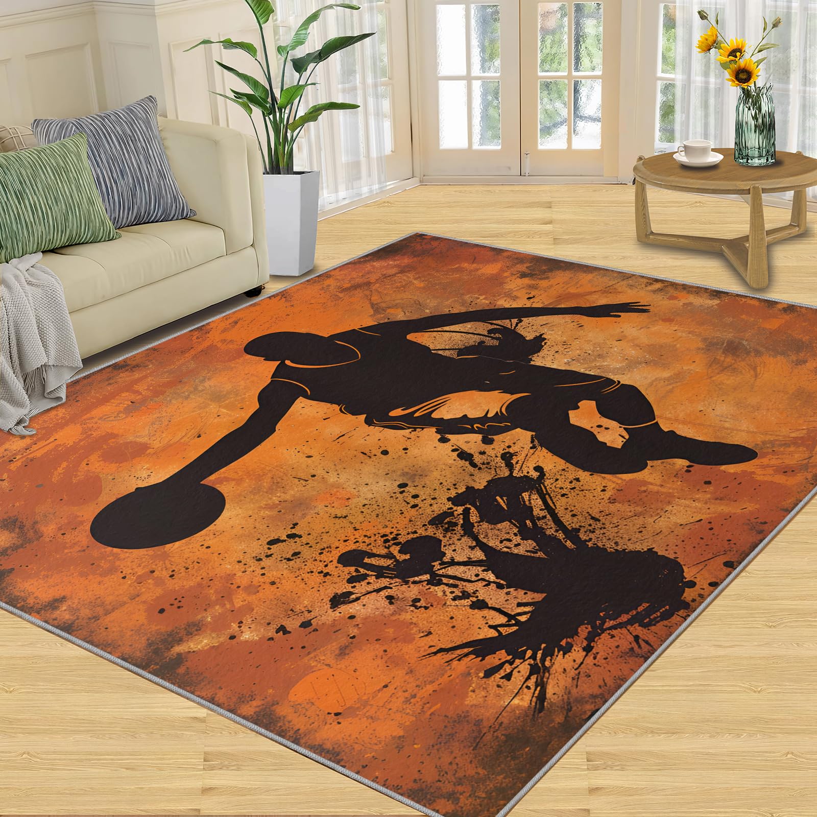 YXQAIED 160x230cm Large Rug Basketball Player Area Rug, Orange Splash Washable Rug Sports Basketball Rugs for Living Room Bedroom Rug Indoor Outdoor Rugs
