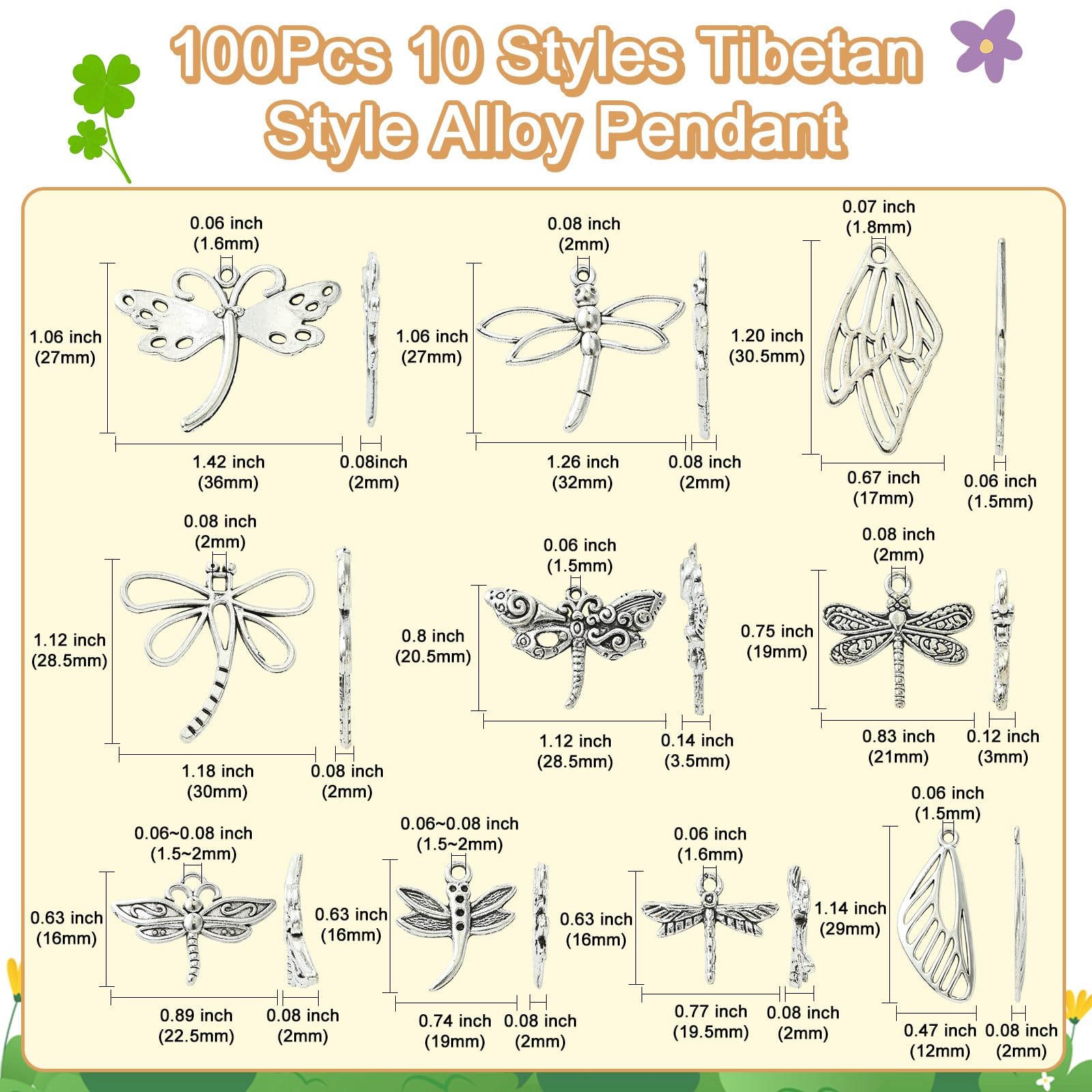 UR URLIFEHALL 100 Pcs 10 Styles Antique Silver Dragonfly Charms Tibetan Flying Insect Animal Charms for Jewellery Making DIY Crafts Bracelets - Image 2