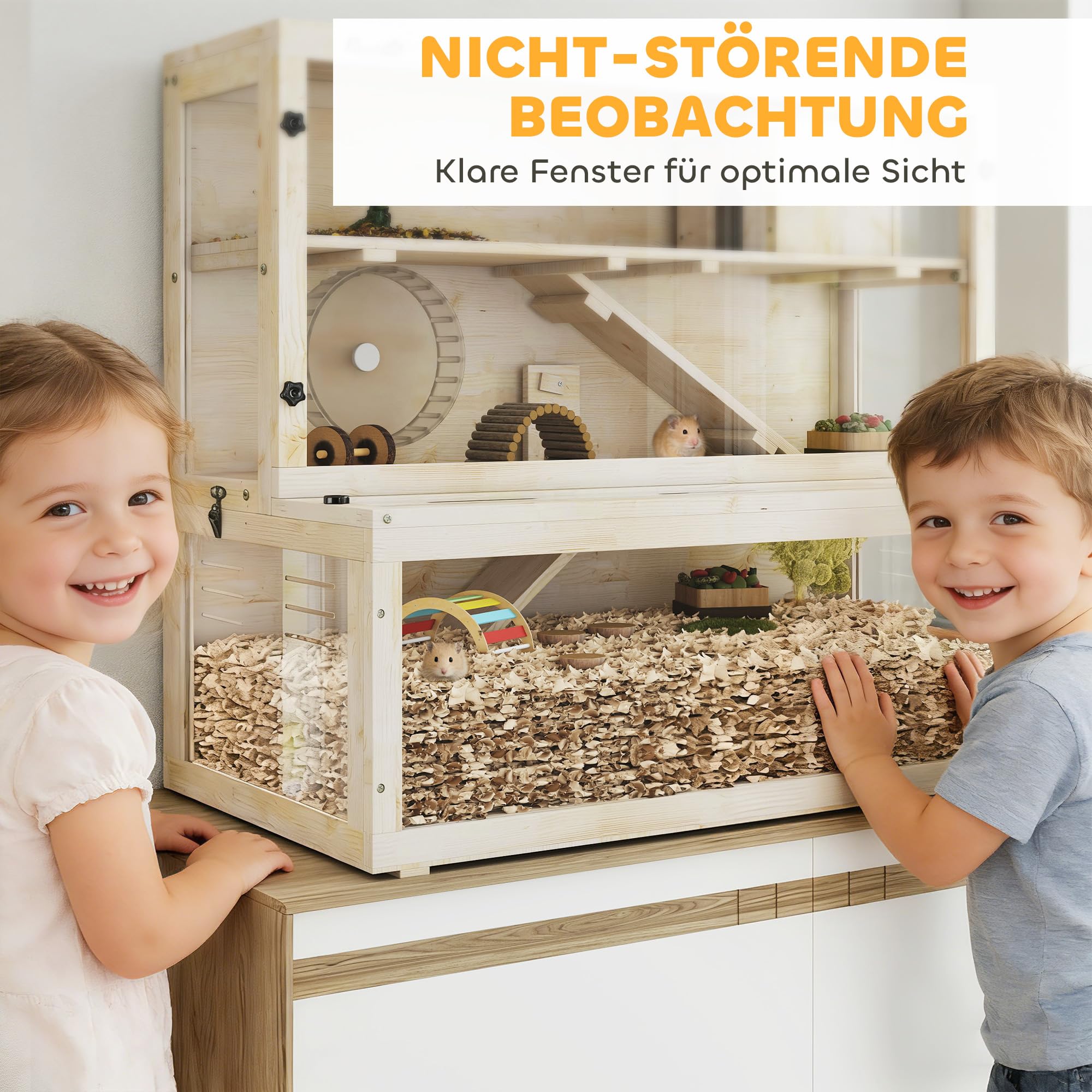 PawHut Hamsterkäfig aus Holz 100 x 50 x 84 cm Nagerkäfig 3 Etagen Kleintierkäfig mit Sichtfenster, Laufrad, Rampe, Häuschen, Mäusekäfig Käfig für Zwerghamster Naturholz