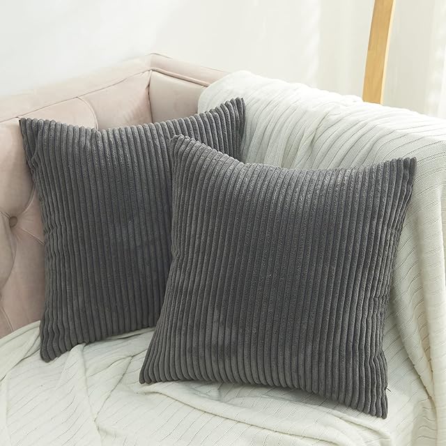 Volcanics Corduroy Cushion Covers Pack of 2 Decorative Square Throw Pillow Covers Cushion Soft Pillowcase 45 x 45cm18 x 18 Inches for Home decor Sofa Couch Bedroom, Dark Grey