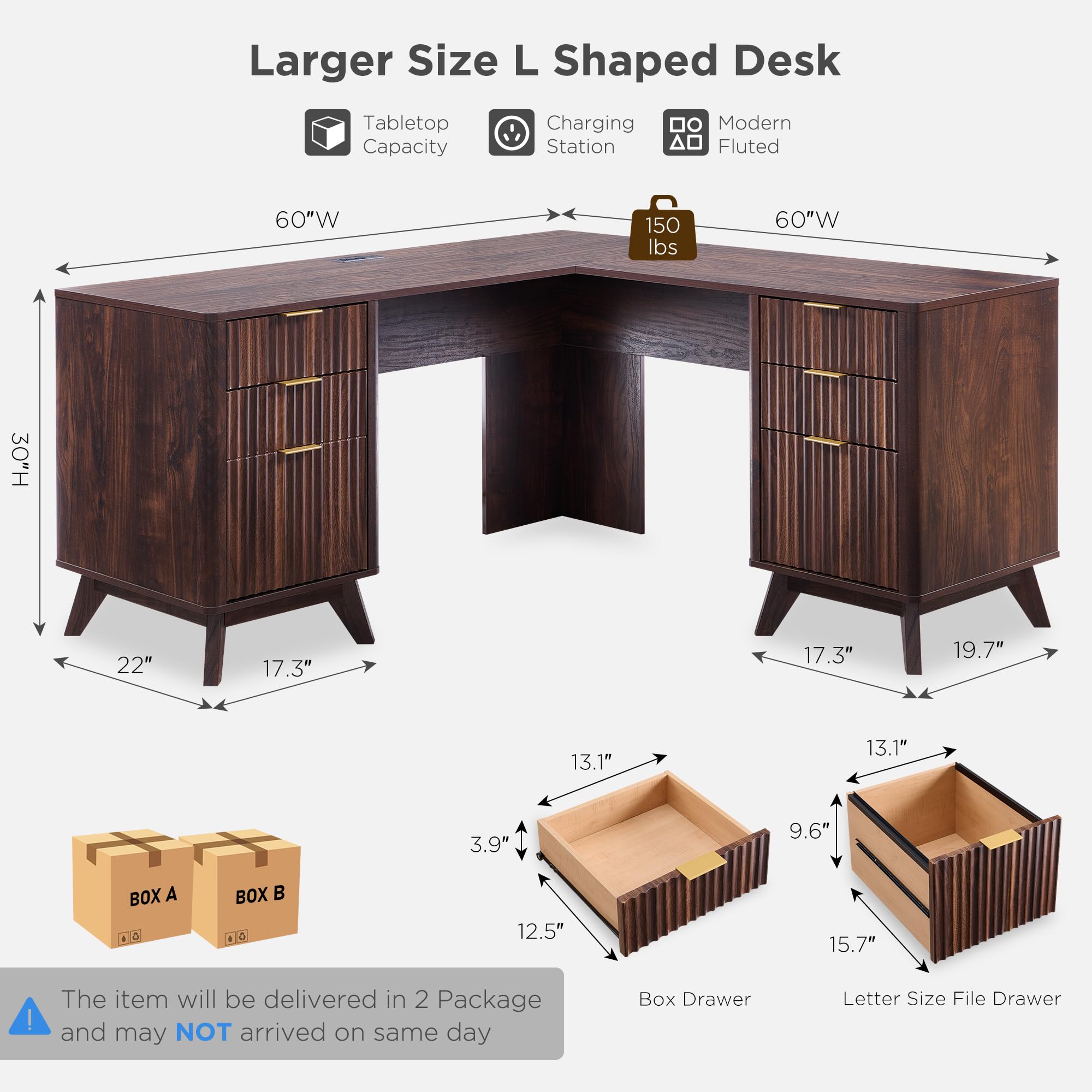 T4TREAM 60'' Fluted Executive L Shaped Desk, Modern Home Office Desk with Charging Station and File Drawer, Computer Corner Desks with Drawers & Storage Cabinet for Office Home, Bedroom, Natural Oak: Dark Walnut