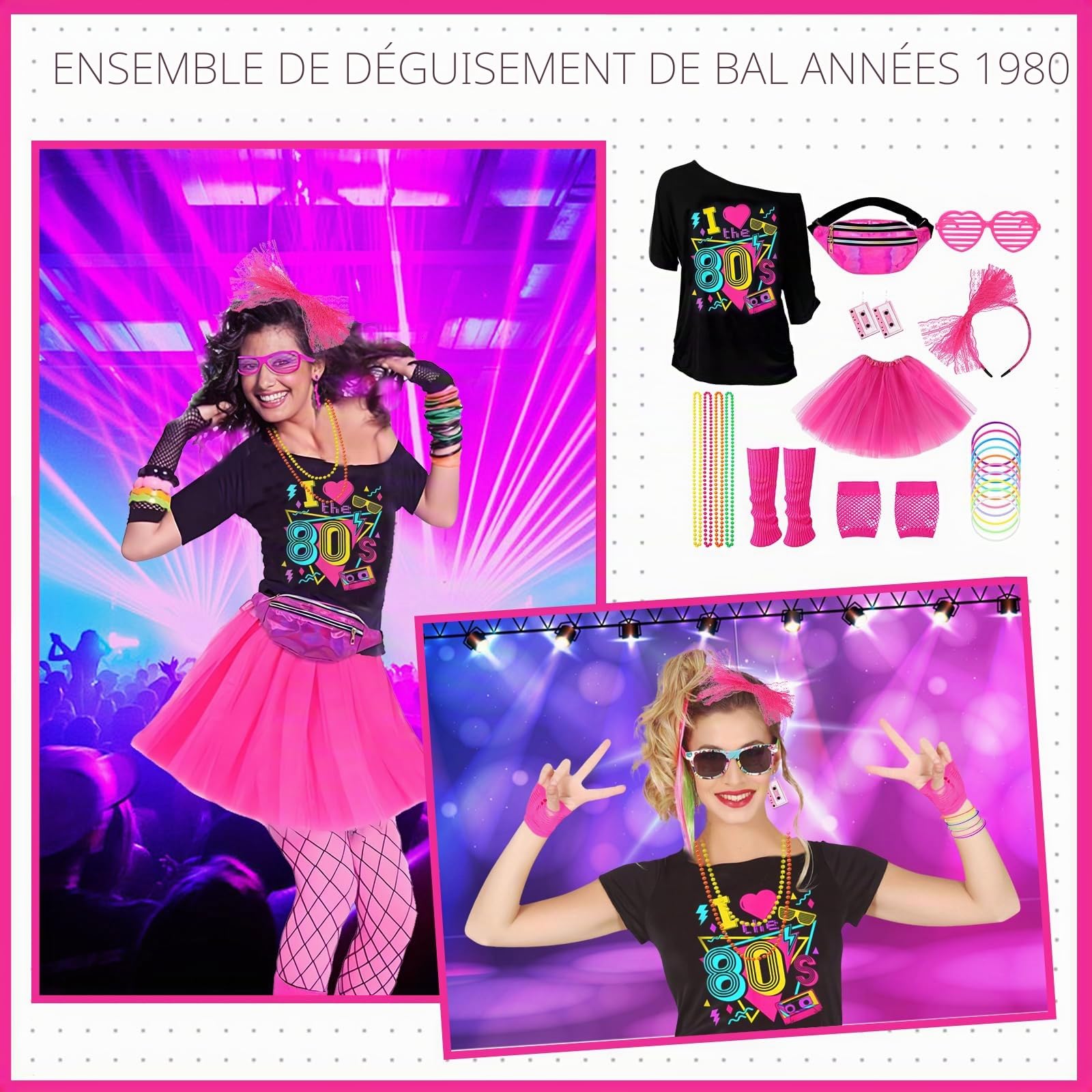 22Pièces Déguisement de Année 80 pour Femme, 80s Ensemble d'accessoires de Costume avec T-shirt Tutu Sac de Ceinture Gants Bandeau Lunettes Boucles Oreilles Collier pour Halloween Carnaval Thème Fête