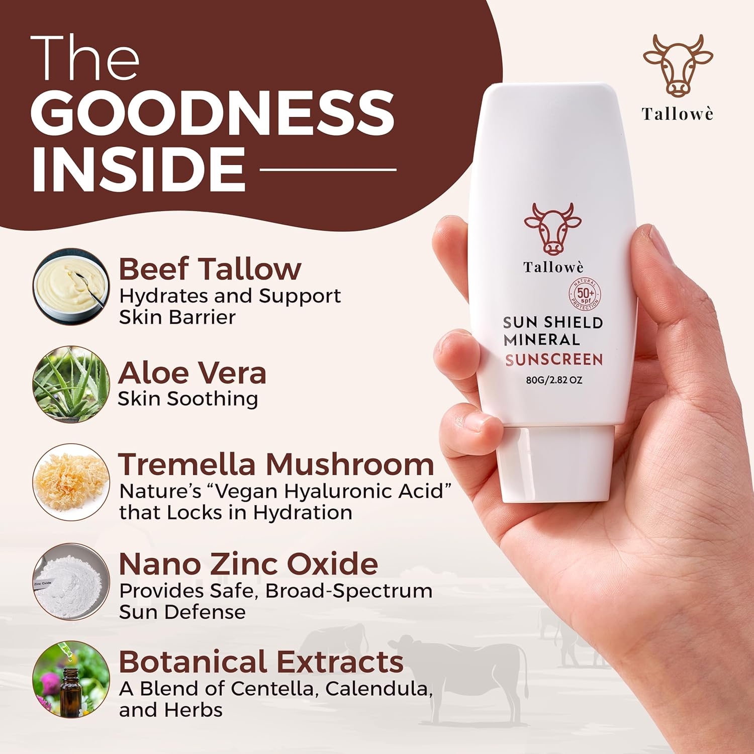 Tallowè Spf 50 Sun Shield Mineral Sunscreen with Grass Fed Tallow, Collagen & Beeswax, Non greasy Hydrating Sunscreen for Face and Body with Zinc Oxide, Reef safe, Fragrance free 2.8oz