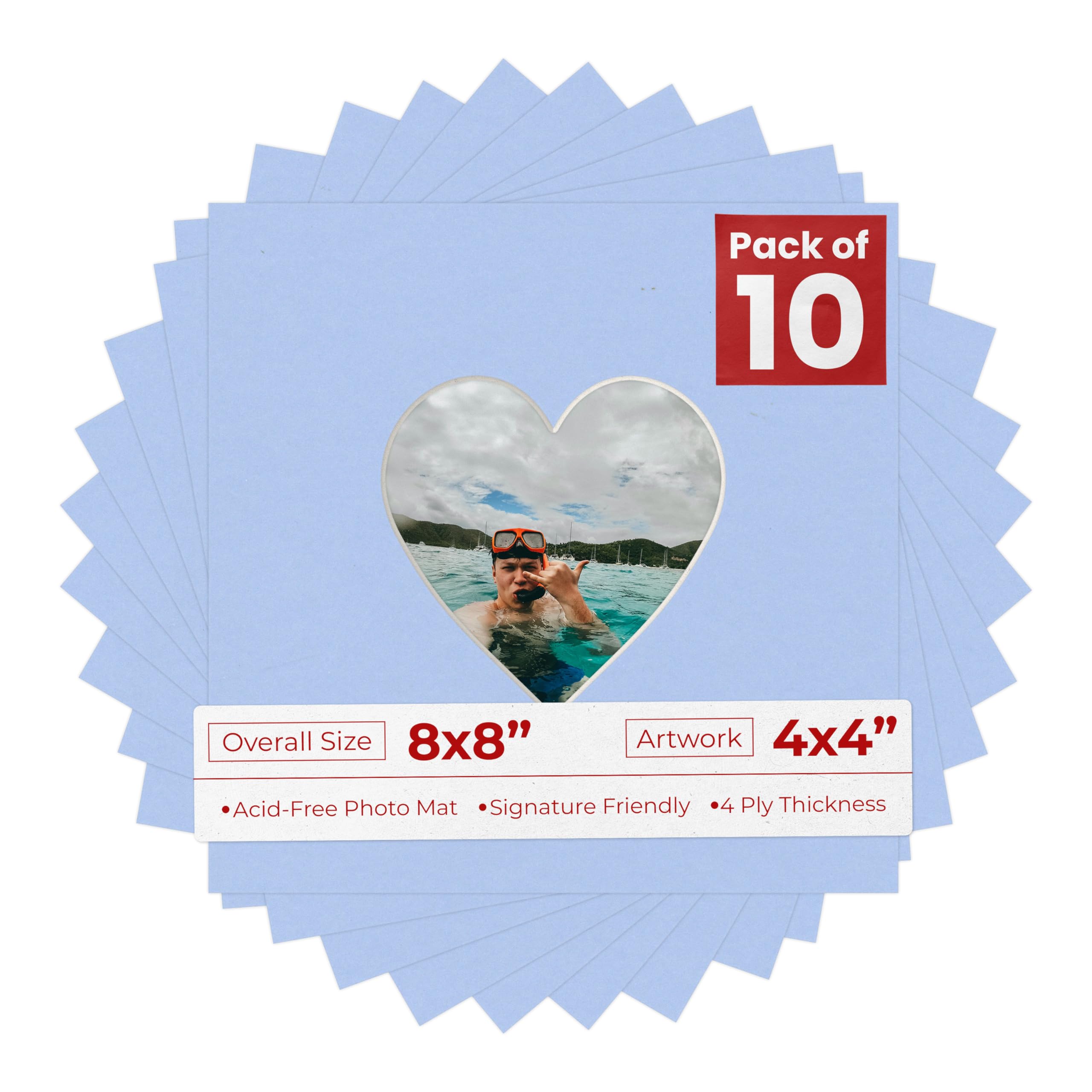 Poster Palooza 8x8 Mat Bevel Cut for 4x4 Photos - Precut Baby Blue Heart Shaped Photo Mat Board Opening - Acid Free Matte to Protect Your Pictures - Bevel Cut for Family Photos, Pack of 10 Matboards-image-44