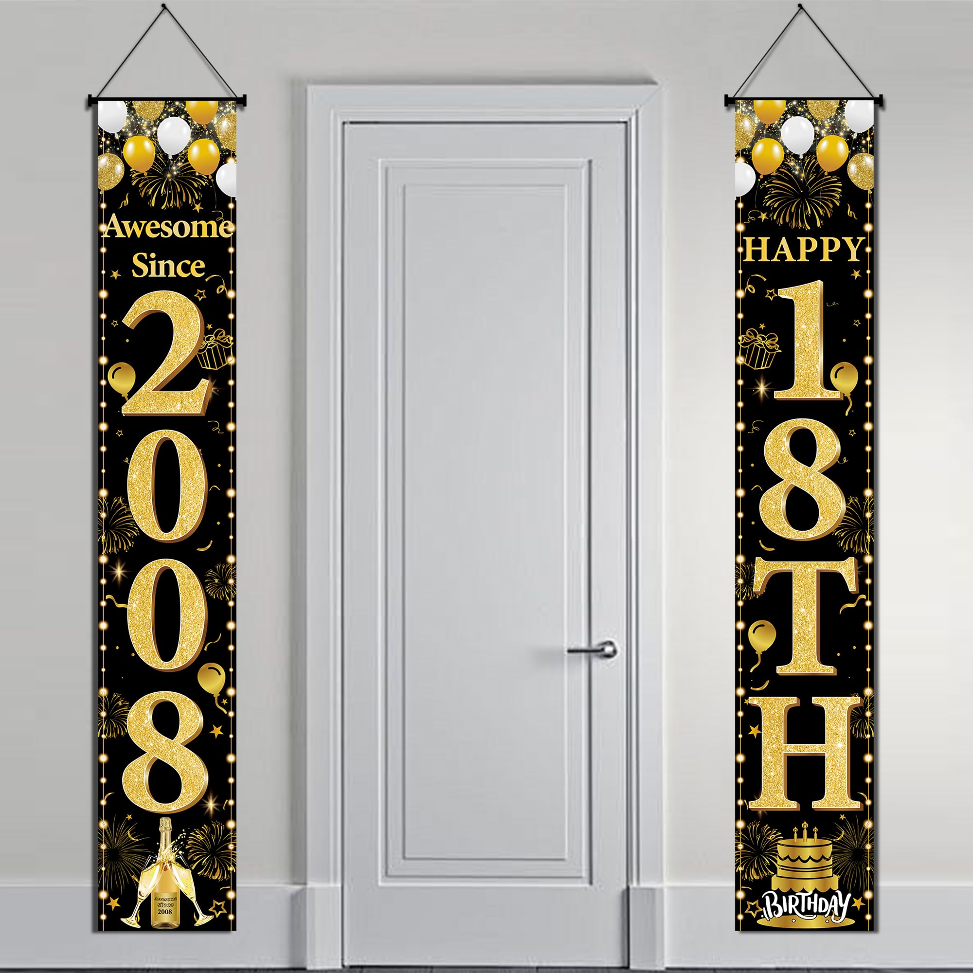 18th Birthday Decorations Door Banner - Black Gold Awesome Since 2008 Happy 18th Birthday Party Door Porch Sign for Teenager Girls Boys Party Photo Booth Background Decor, 180 × 30 cm