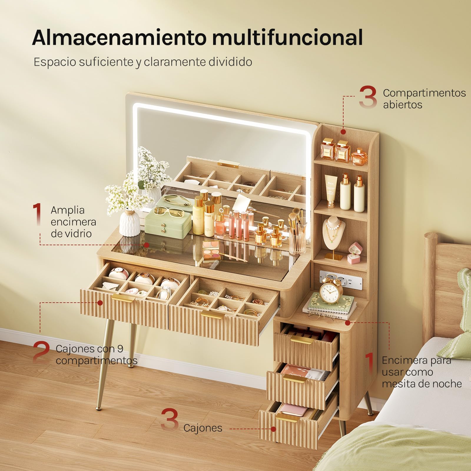 WOLTU Tocador Maquillaje con Luz LED, Encimera de Vidrio Templado, Regleta