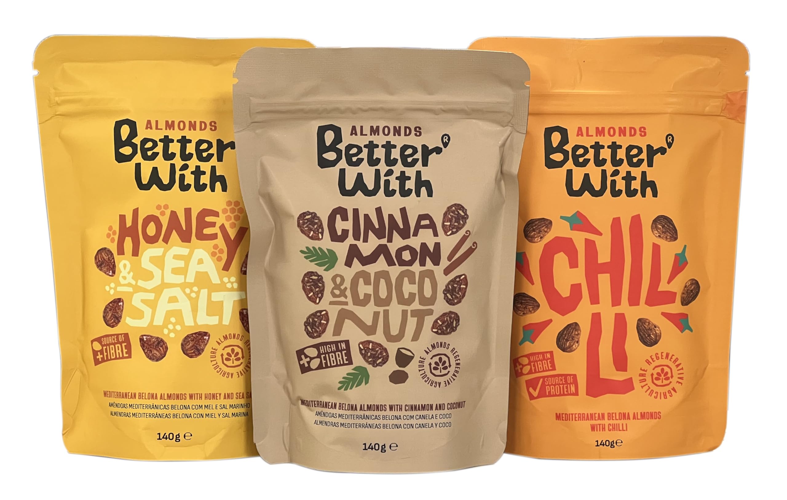 Better With Honey & Sea Salt, Cinnamon & Coconut, and Chilli Almonds Mixed Pack, 140 g (Pack of 3)