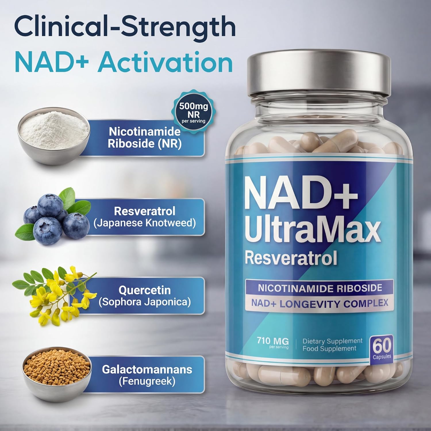 NAD+ Trans-Resveratrol Supplement - 500mg Nicotinamide Riboside (NR) + Quercetin & Fenugreek, Advanced 4in1 Longevity Formula | 30 Servings | Cellular Energy & Anti Aging Support