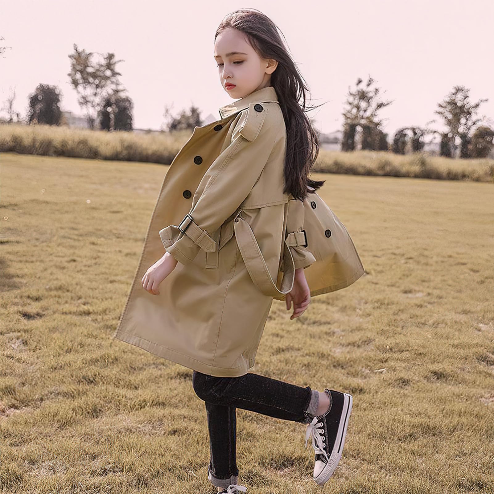 amropi Filles Trench-Coat Coton Automne Veste Single Breasted Trench Manteau pour 4-17 Ans