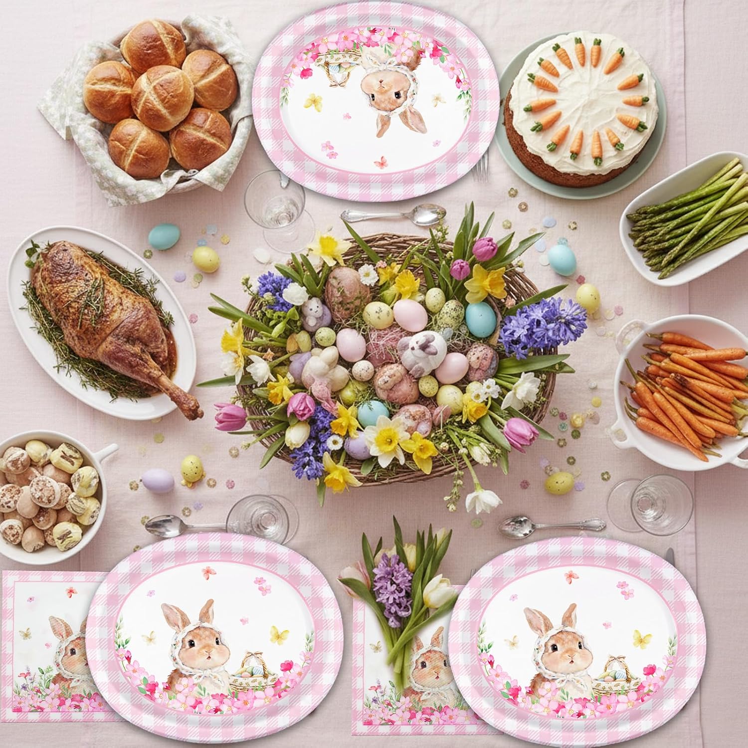 40Pcs Easter Paper Plates and Napkins Sets Oval Easter Plates and Napkins Serves 20,Large Bunny Disposable Party Tableware for Easter Party Supplies - Image 6