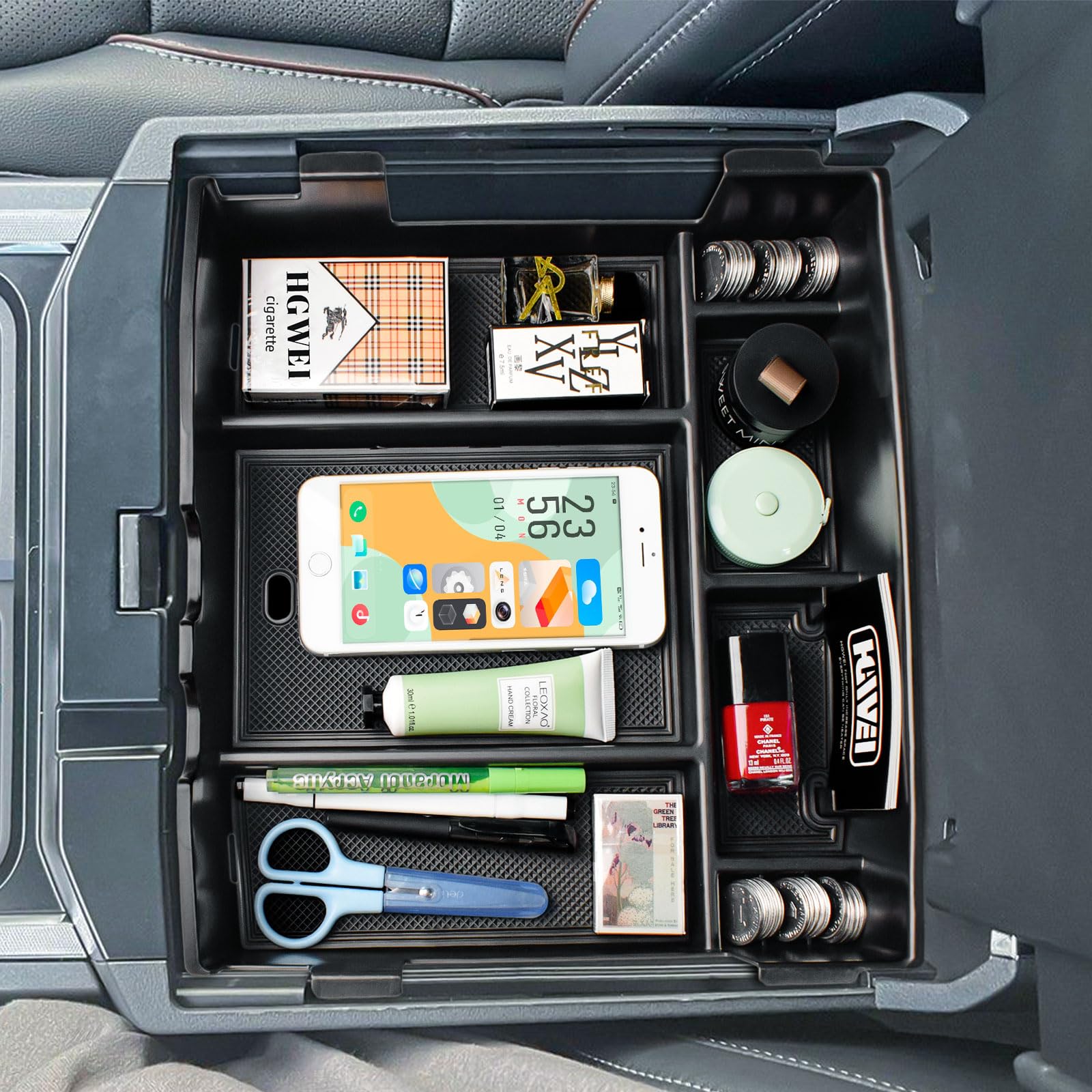 Center Console Organizer Compatible with 2023 2024 Ford F250 F350 F450 F550 Accessories, Interior Middle Armrest Storage Box Compartment Insert Tray (Full Console w/Bucket Seats ONLY), Black