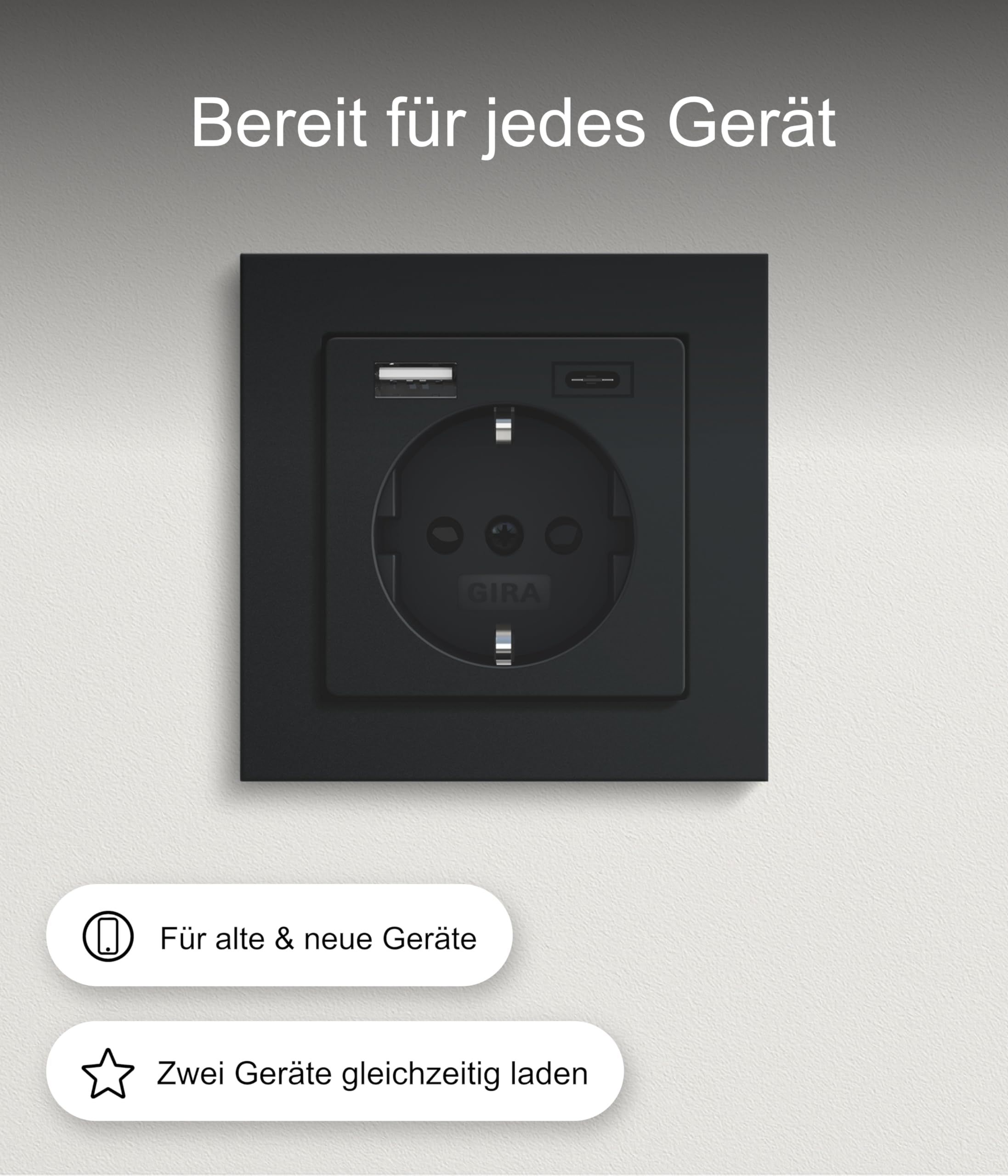 Gira USB Steckdose Schuko Standard 55 Schwarz matt I 2-fach USB Typ-A & Typ-C Ladeanschluss max.2,4A/3A I Unterputz Berührungsschutz 2459005 I 32 mm Einbautiefe I System 55 | Unterputz-Kombi mit 3A Ladestrom und erhöhtem Berührungsschutz, passend für Gira