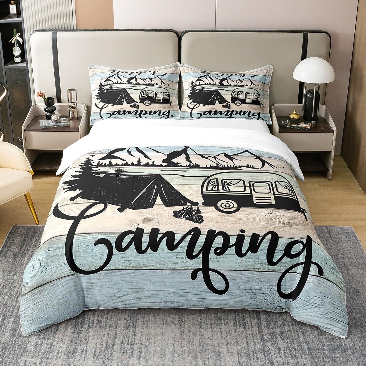 100% Bio-Baumwolle Happy Camping Bettbezug 135x200,Rustikale Camper Bauernhaus Bettwäsche Set Camping Zubehör Rv Auto Thema Regenbogen Holz Bett Sets mit 1 Kissenbezug Ultra Soft Küche, Haushalt & Wohnen
