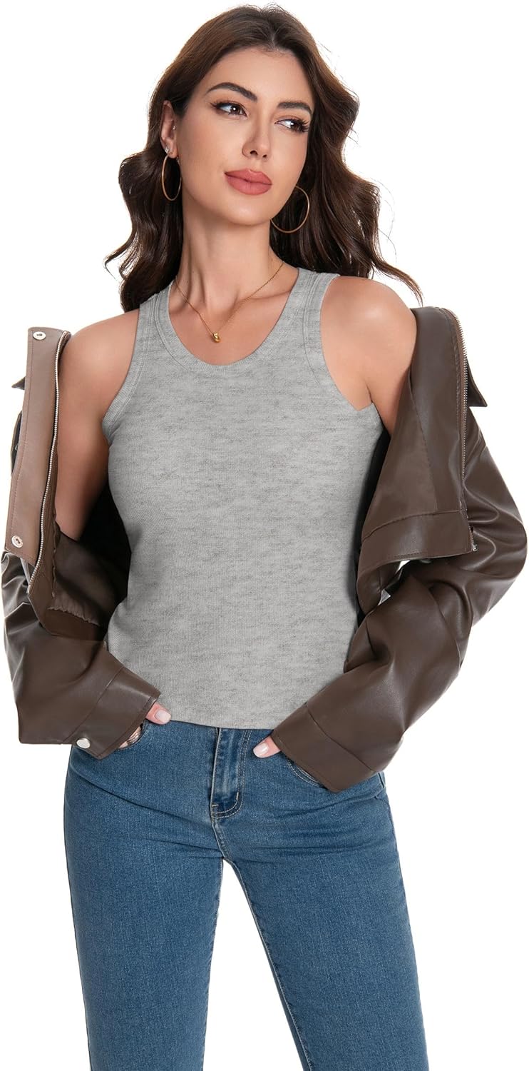 Womens Tank Top Sleeveless - Built-in Bra Ribbed Racerback Crew Neck Slim Fitted Casual Basic Tops Cami Shirt - Image 4