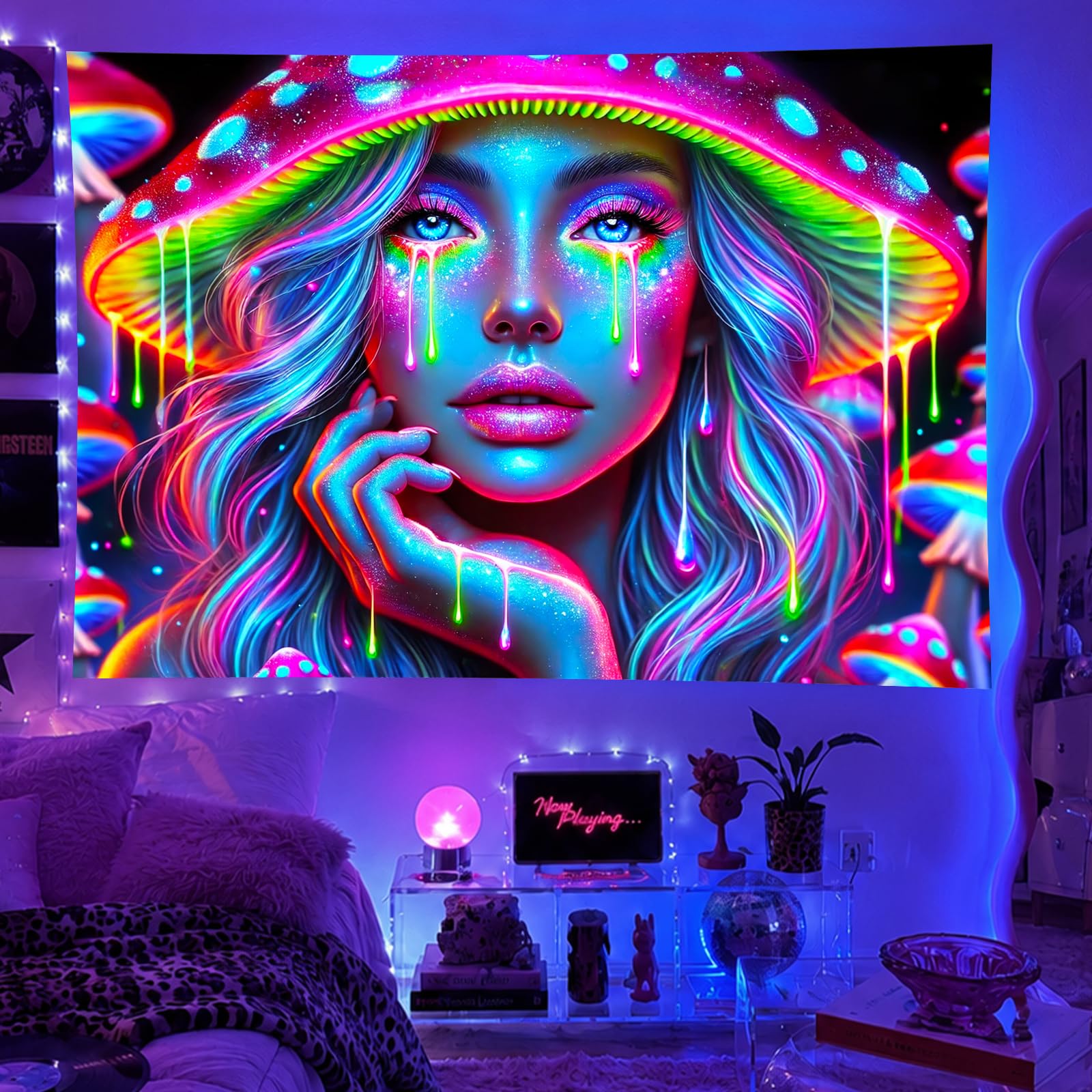 BlissYard Blacklight Tapestry Character Portrait Neon Decor 79 x 59 Inch