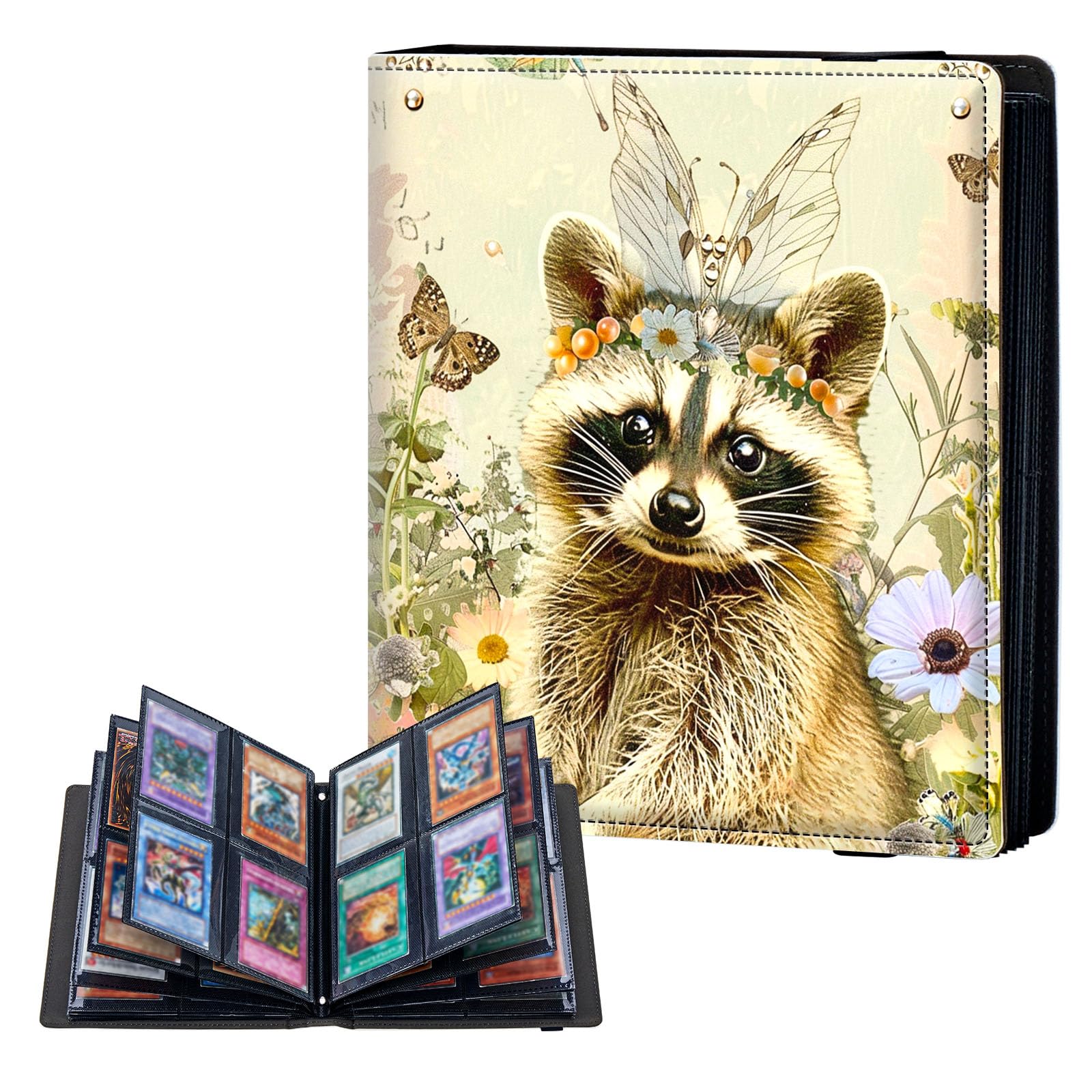 ETLKJVBL 4 Pocket Trading Card Binder, Cute Raccoon Card Collection Book for MTG TCG Sports & Baseball, Top Loader Holder Album for Collectors