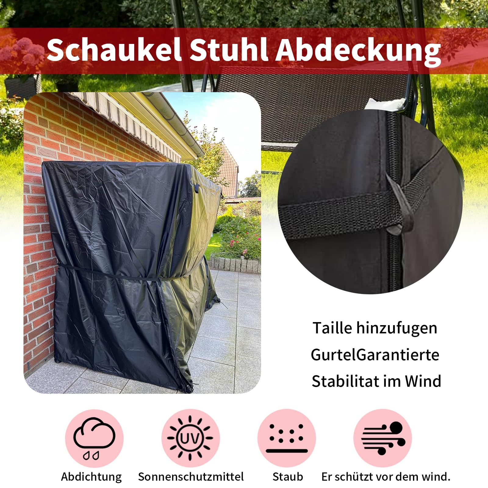 Coperture Cover Protezione per Altalena da Giardino Impermeabile,(220×150×170cm) Hollywood di Copertura per Dondolo Antivento，Telo Copri Dondolo con Fune e fibbie regolabili, 420D (Nero)