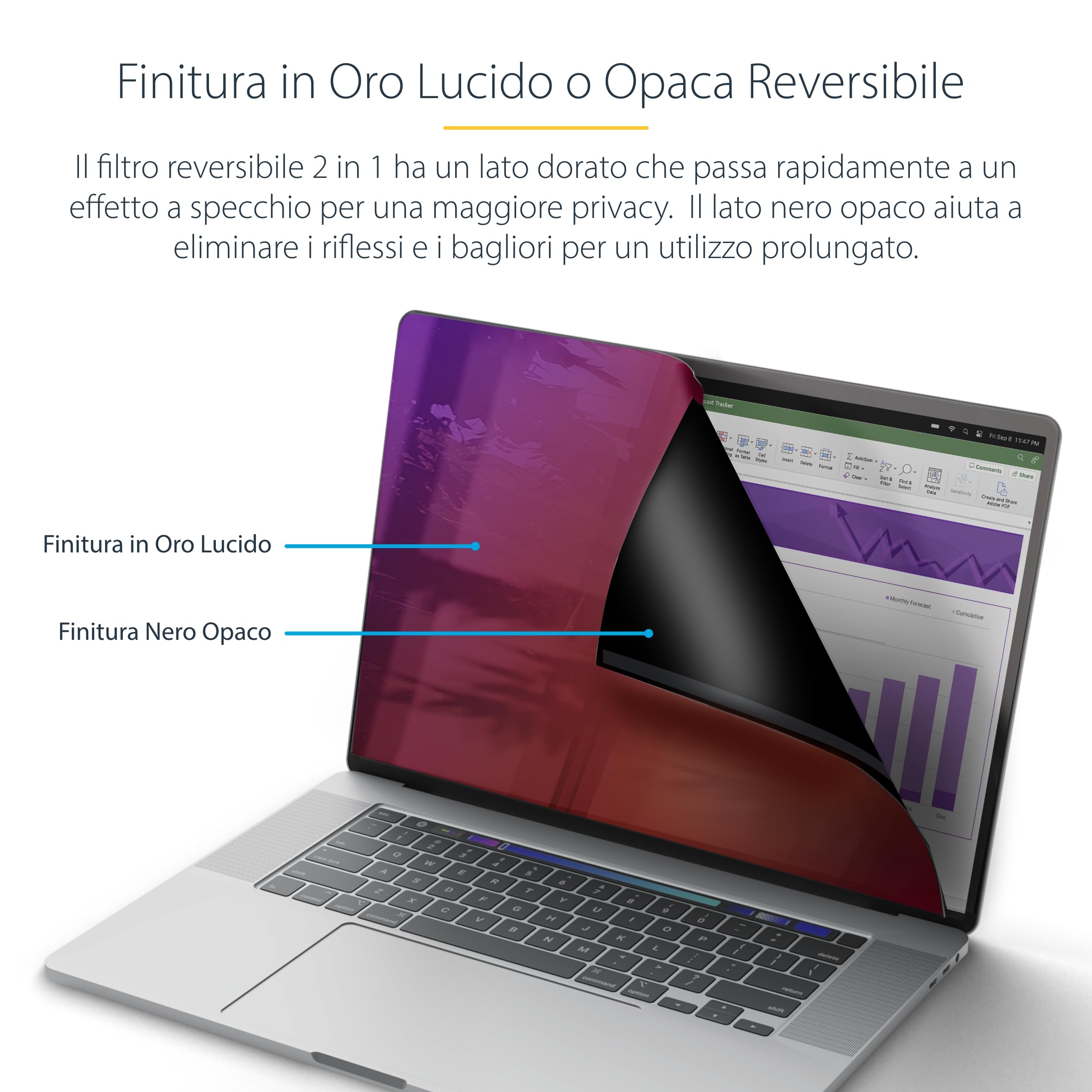 StarTech Filtro Privacy per MacBook Pro 16" Antiriflesso, Opaco/Lucido Oro | Doppia Finitura, Pellicola Protettiva, Rimovibile