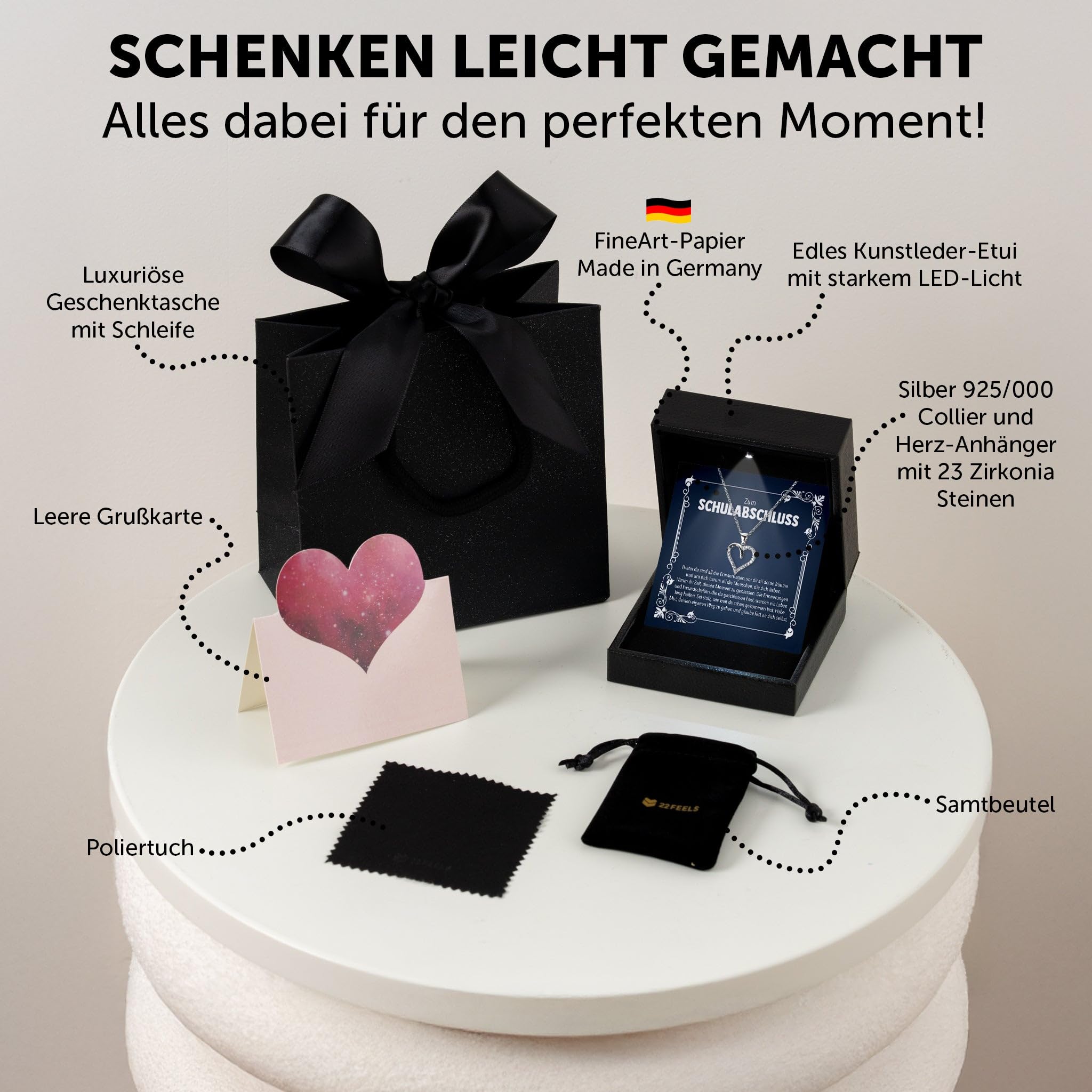 Mädchen Schulabschluss Geschenk Abitur - Frauen Silber 925 Herz Halskette - Abiturientin Glückwunsch Frauen Schmuck Realschule Gymnasium - Karte Premium LED Licht Etui