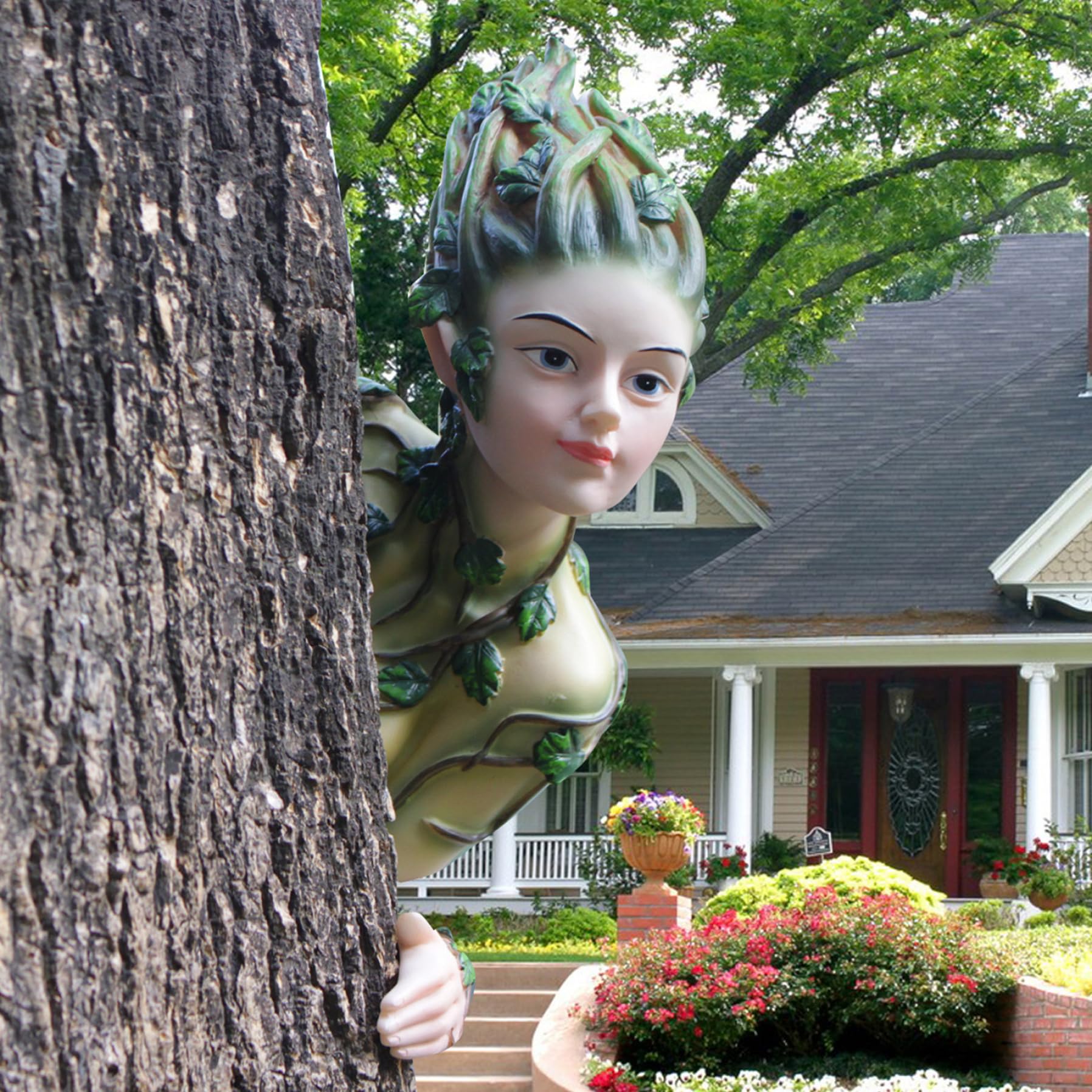 Fairy Tree Hugger, decoración de caras de resina resistente a la intemperie al aire libre, decoración divertida de los árboles al aire libre, decoración de troncal de árbol fácil de instalar para pat
