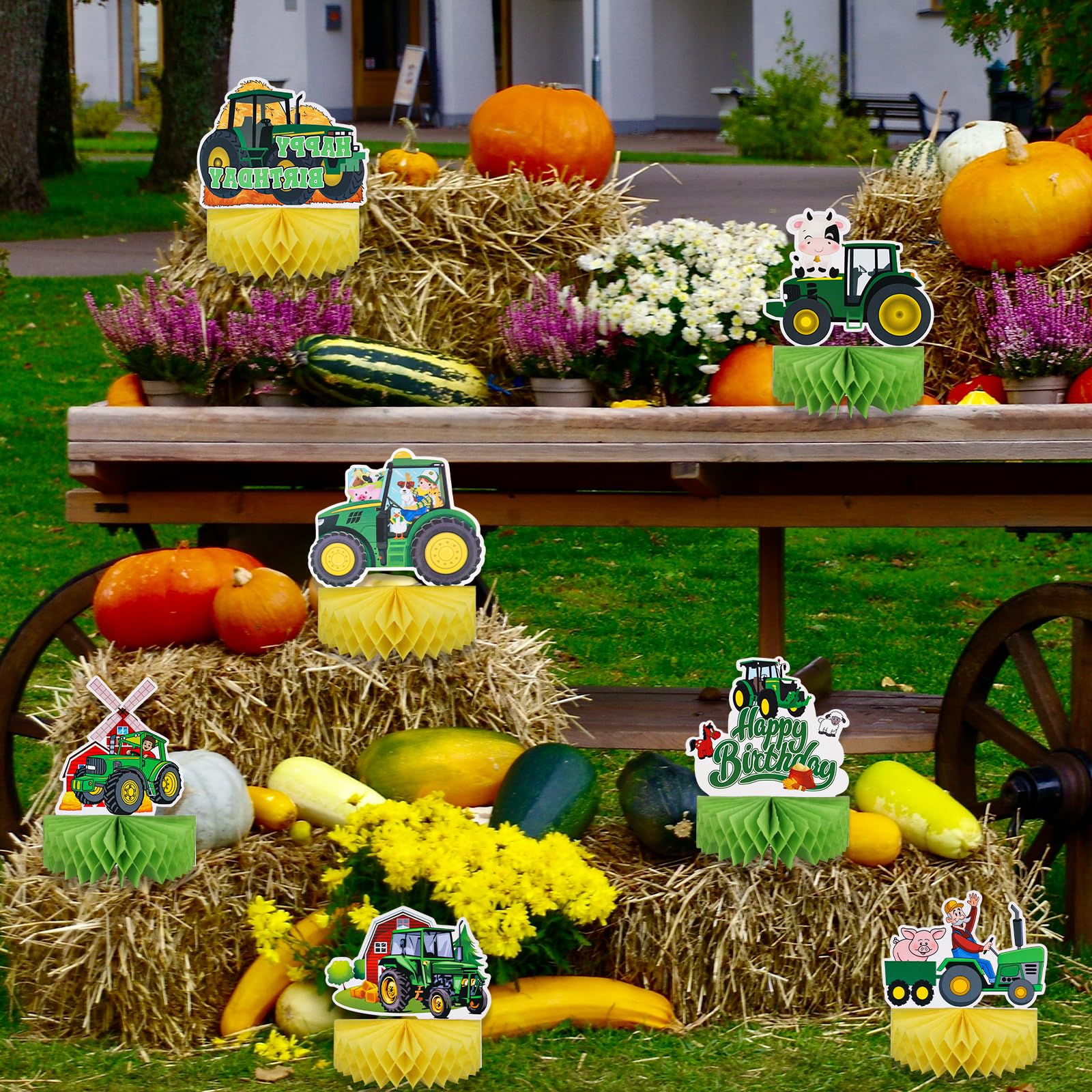 Traktor Geburtstag Deko Set - 9 Waben Mittelstücke Farm Design | Für Kindergeburtstag Bauernhof Party