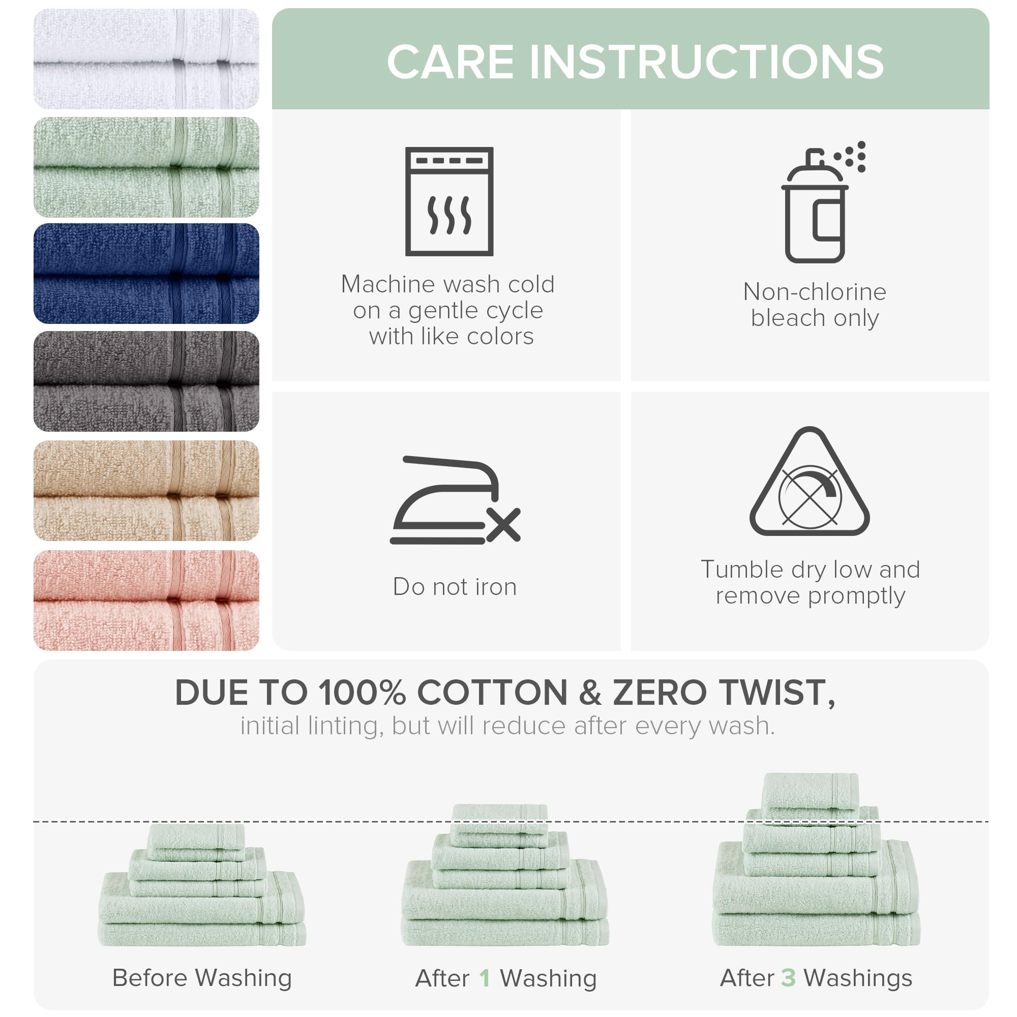 Comfort Spaces Set da 6 pezzi (2 teli da bagno, 2 asciugamani, 2 salviette), 100% cotone ad asciugatura rapida, leggero e morbido, verde marino